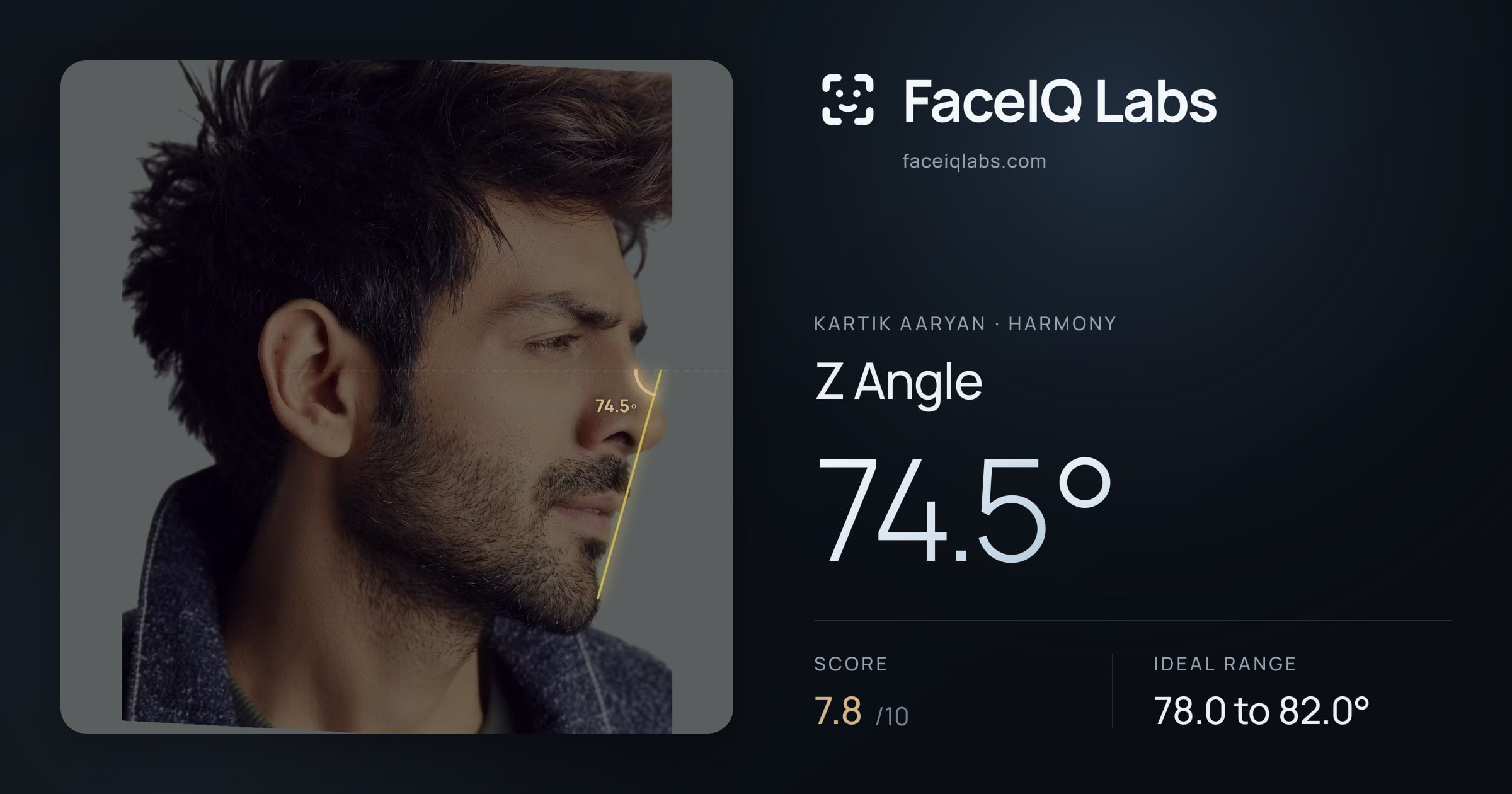 Kartik aaryan Z Angle: 74.5°, drawn on the photo