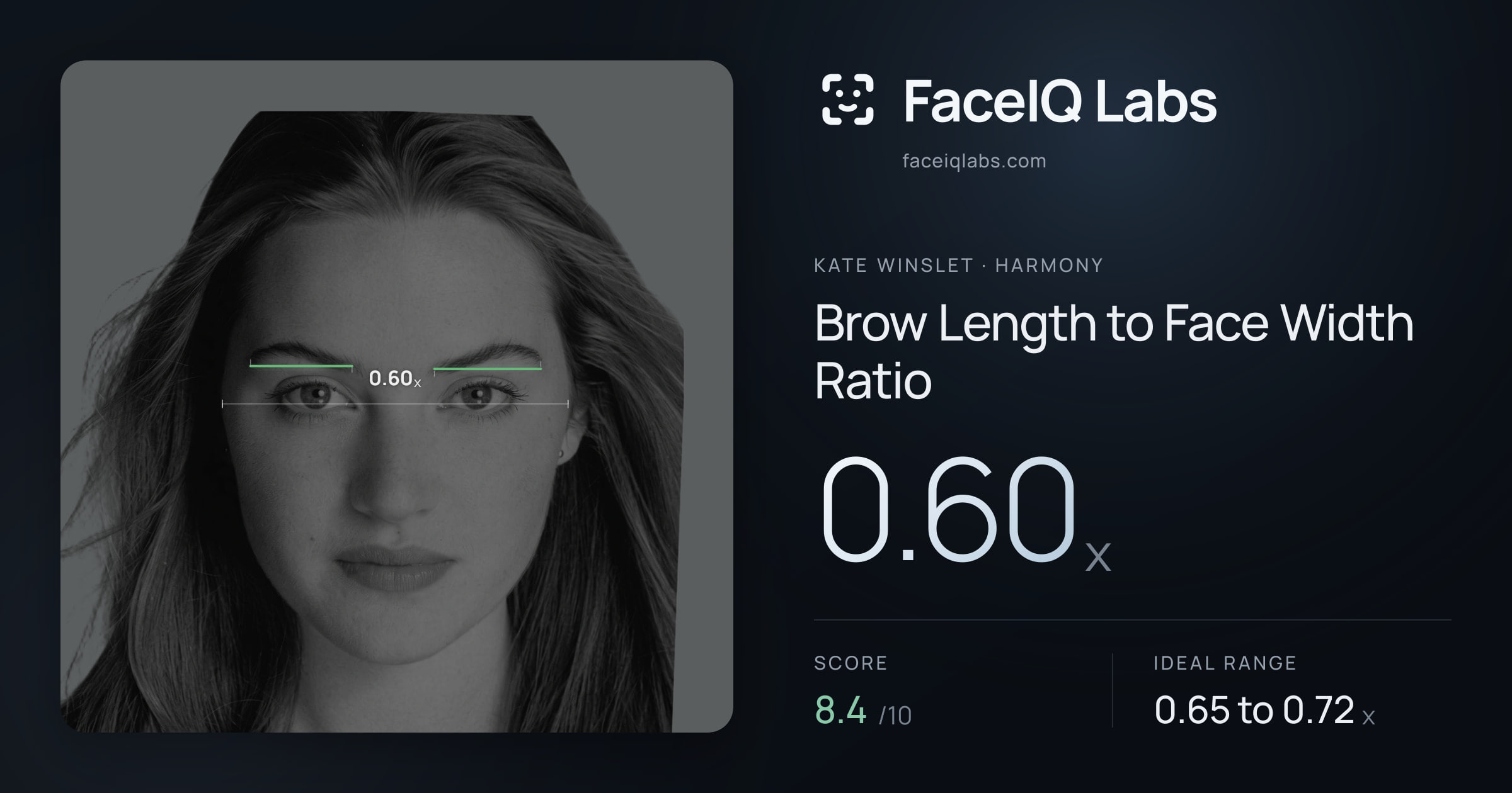 Kate Winslet Brow Length to Face Width Ratio: 0.60x, drawn on the photo