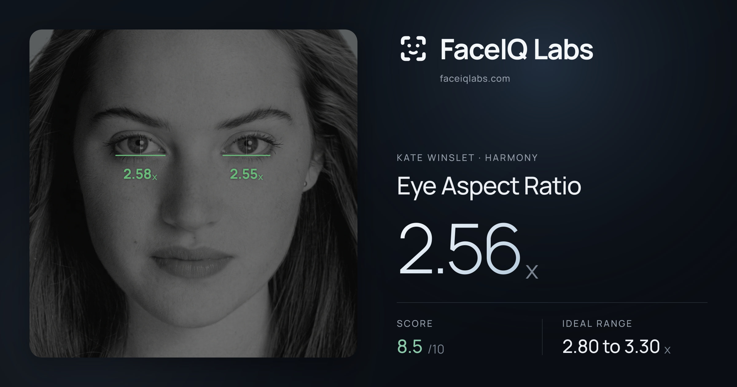 Kate Winslet Eye Aspect Ratio: 2.56x, drawn on the photo