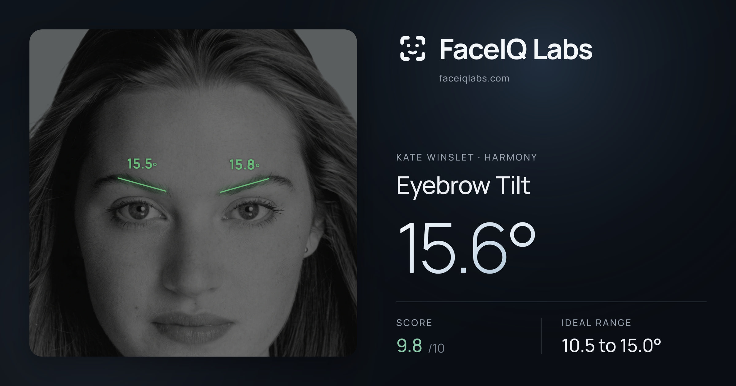 Kate Winslet Eyebrow Tilt: 15.6°, drawn on the photo