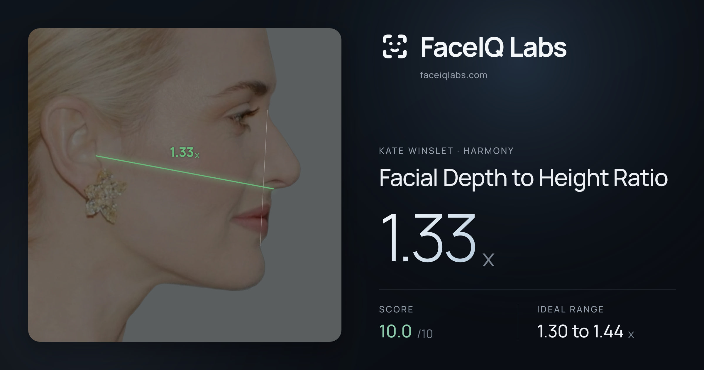 Kate Winslet Facial Depth to Height Ratio: 1.33x, drawn on the photo