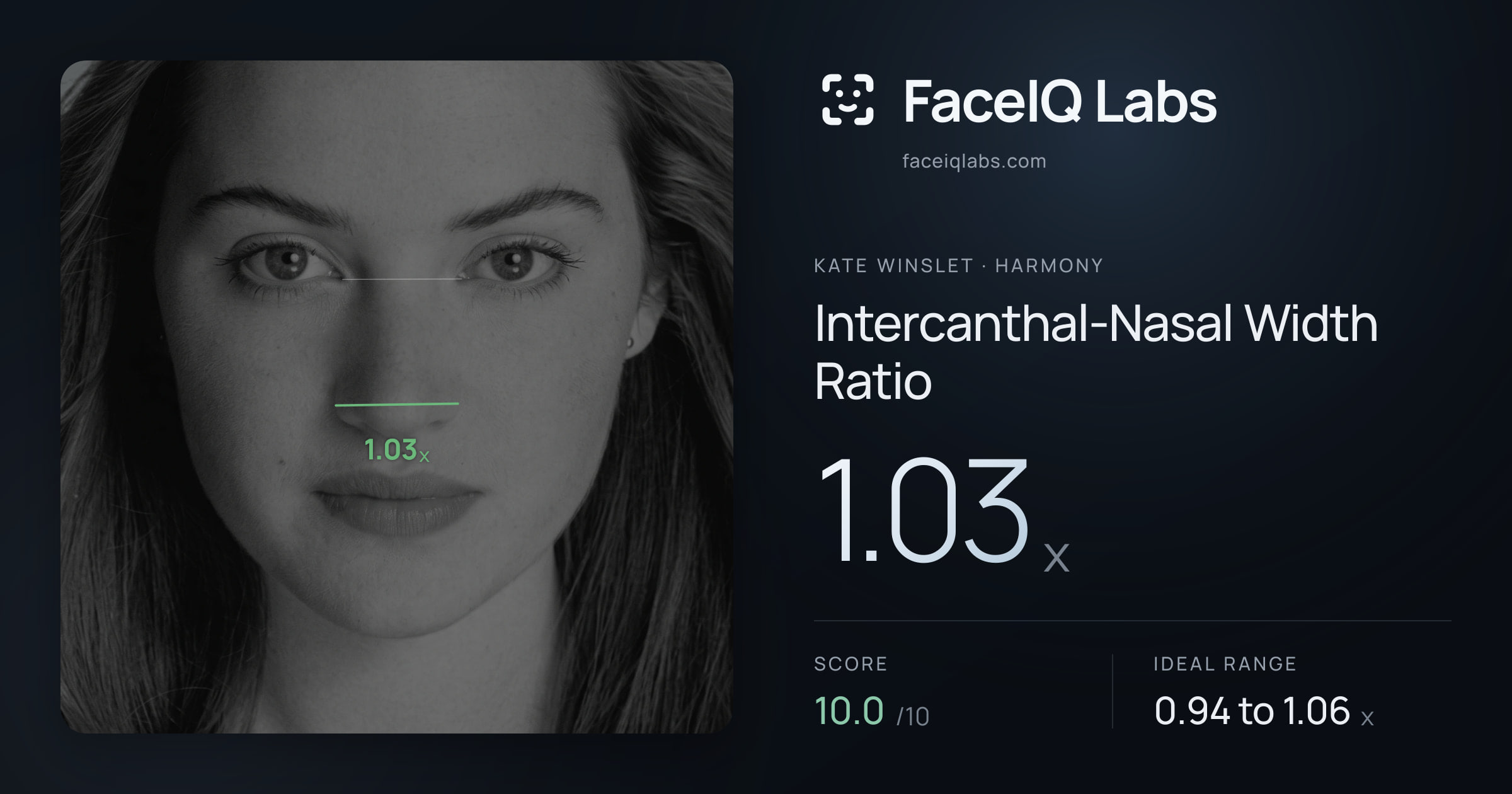 Kate Winslet Intercanthal-Nasal Width Ratio: 1.03x, drawn on the photo