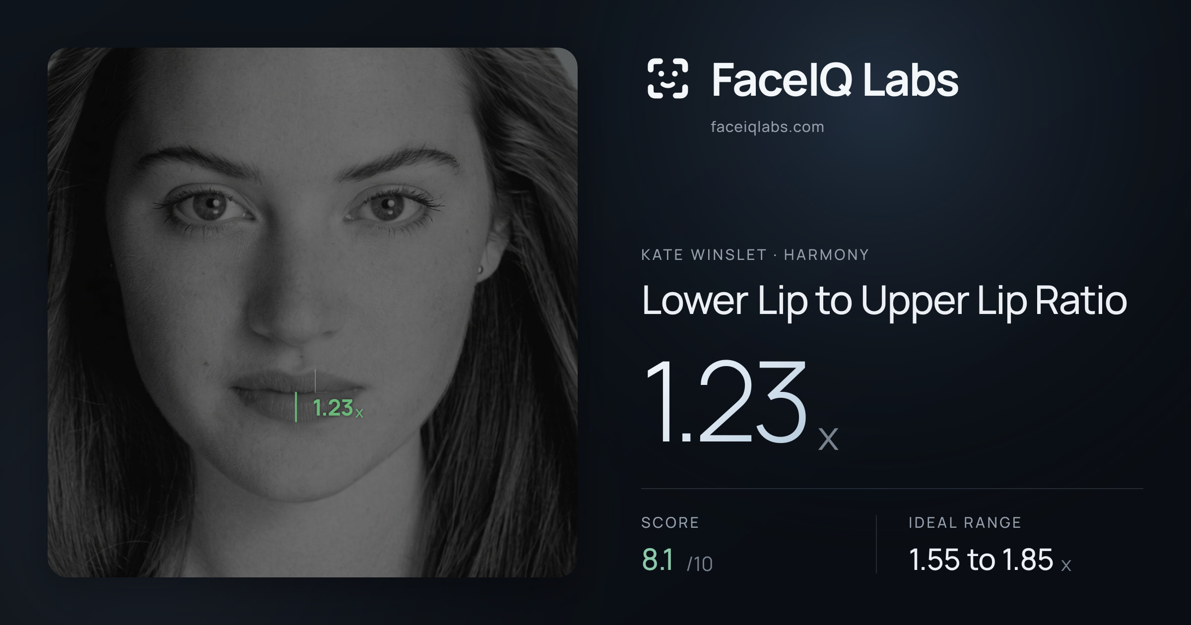Kate Winslet Lower Lip to Upper Lip Ratio: 1.23x, drawn on the photo