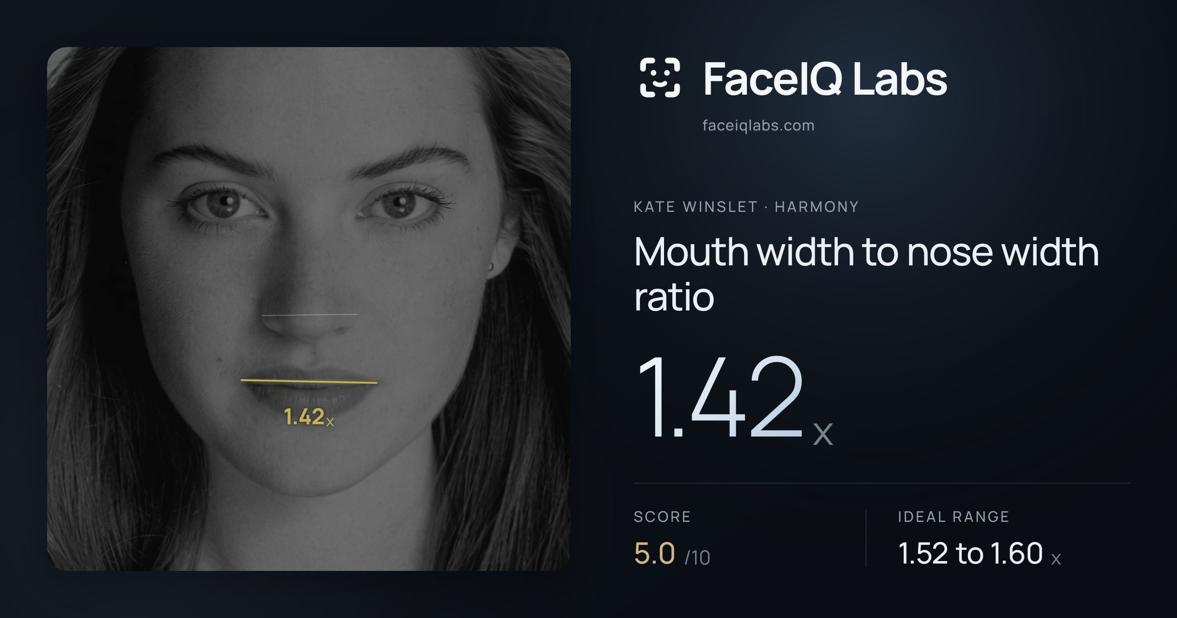 Kate Winslet Mouth width to nose width ratio: 1.42x, drawn on the photo