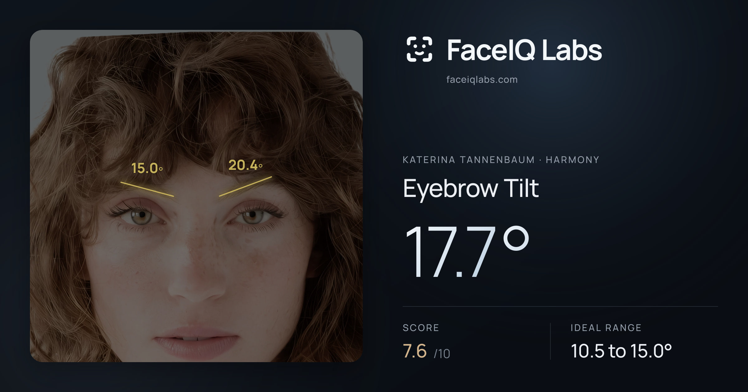 Katerina Tannenbaum Eyebrow Tilt: 17.7°, drawn on the photo