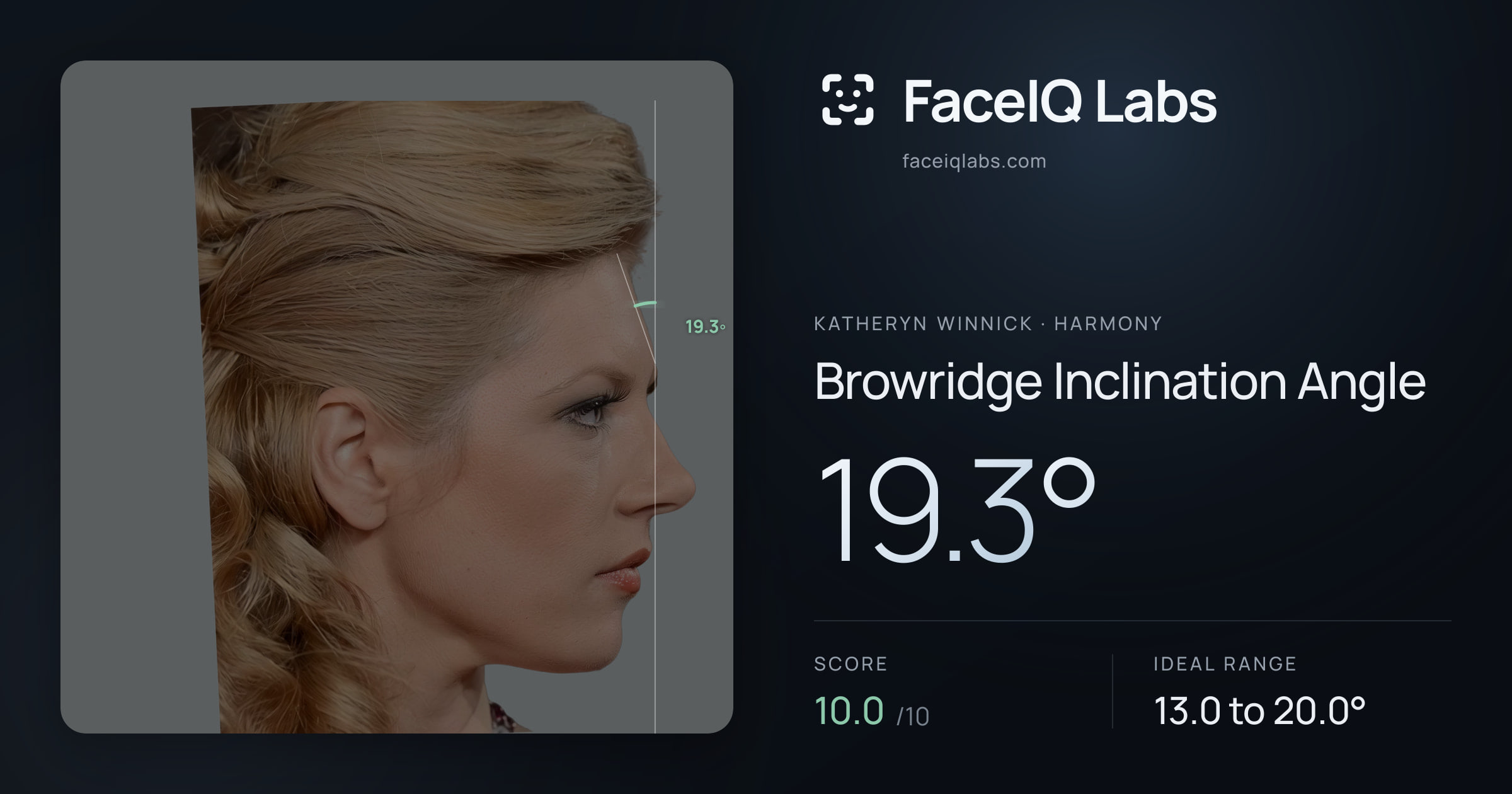 Katheryn Winnick Browridge Inclination Angle: 19.3°, drawn on the photo