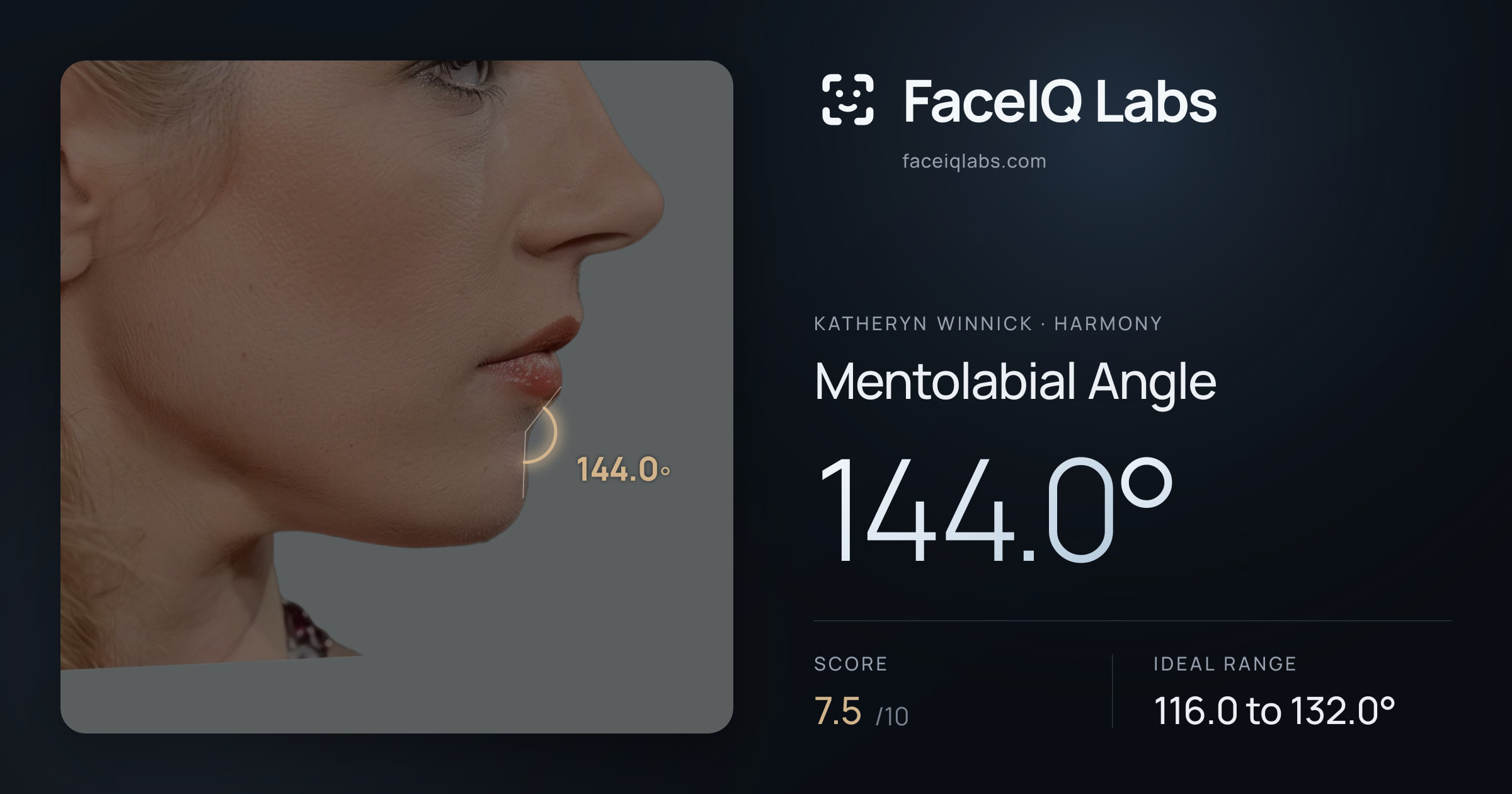Katheryn Winnick Mentolabial Angle: 144.0°, drawn on the photo