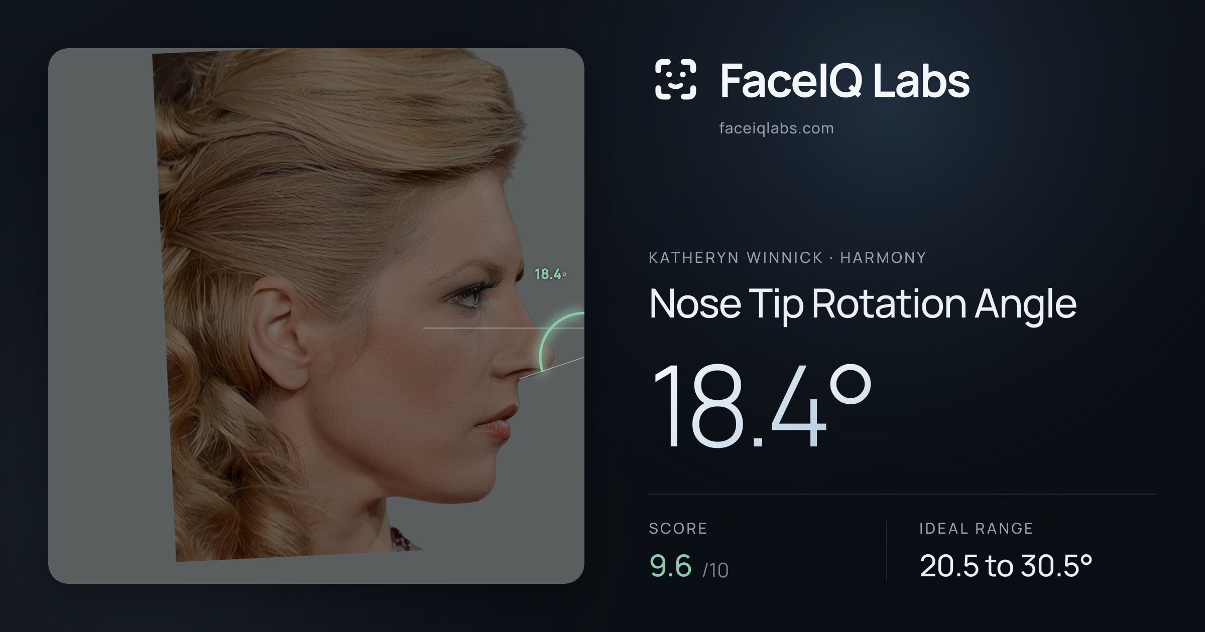 Katheryn Winnick Nose Tip Rotation Angle: 18.4°, drawn on the photo