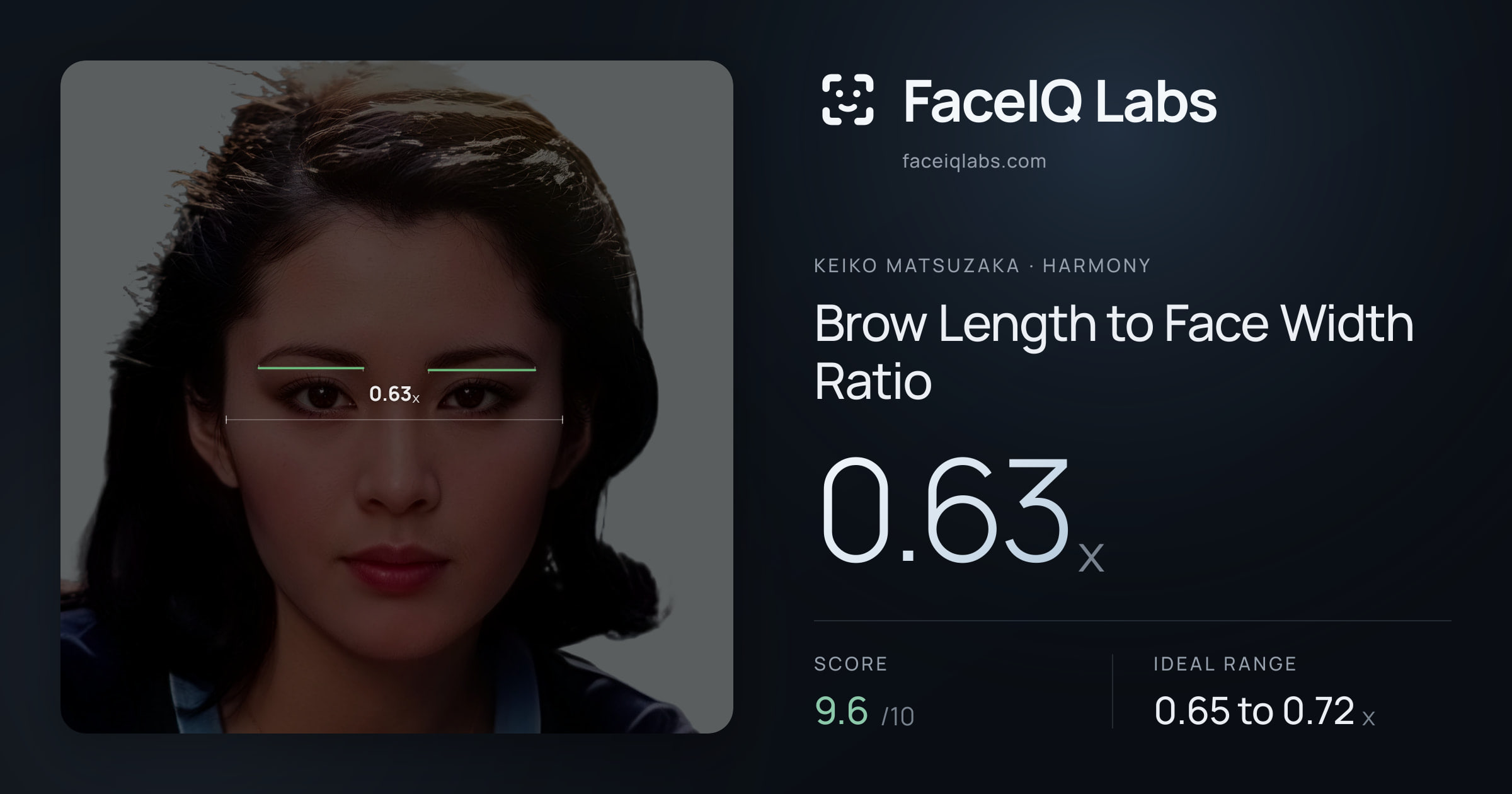 Keiko Matsuzaka Brow Length to Face Width Ratio: 0.63x, drawn on the photo