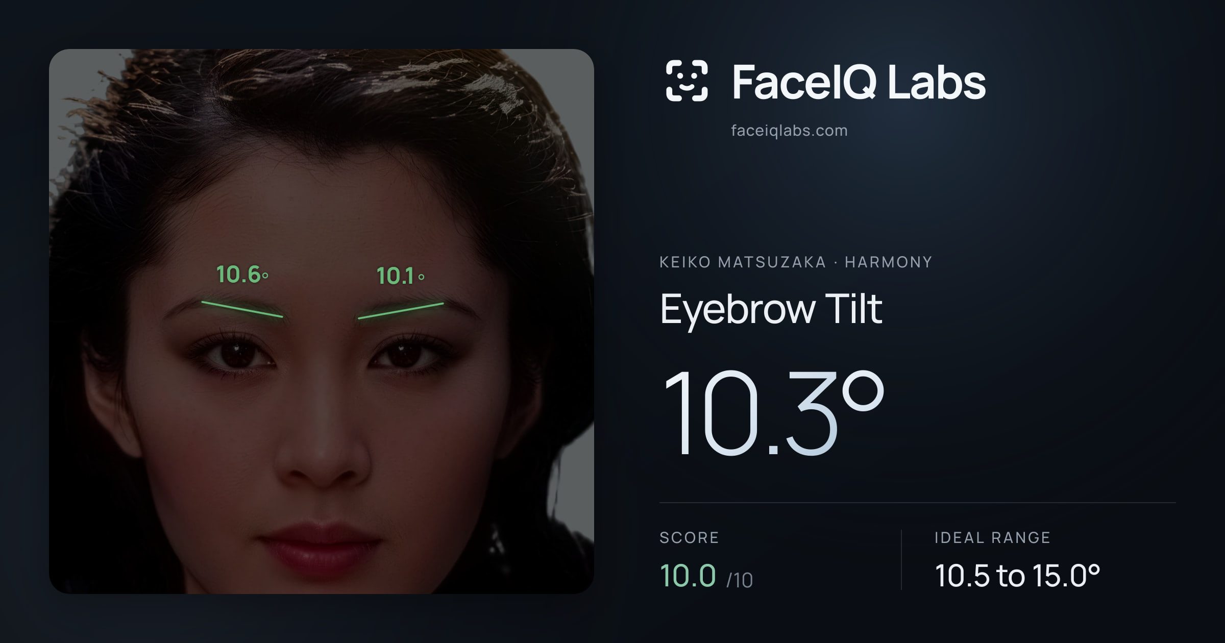 Keiko Matsuzaka Eyebrow Tilt: 10.3°, drawn on the photo