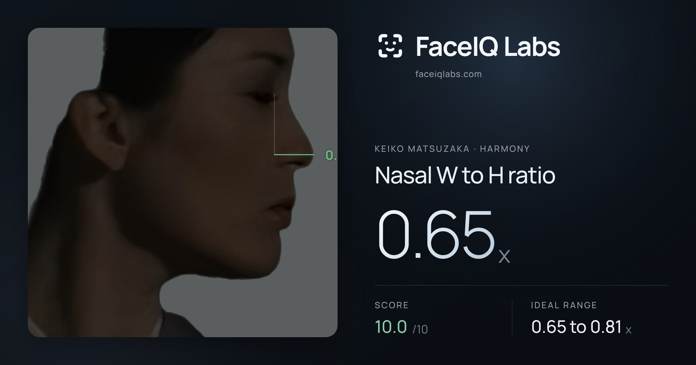 Keiko Matsuzaka Nasal W to H ratio: 0.65x, drawn on the photo