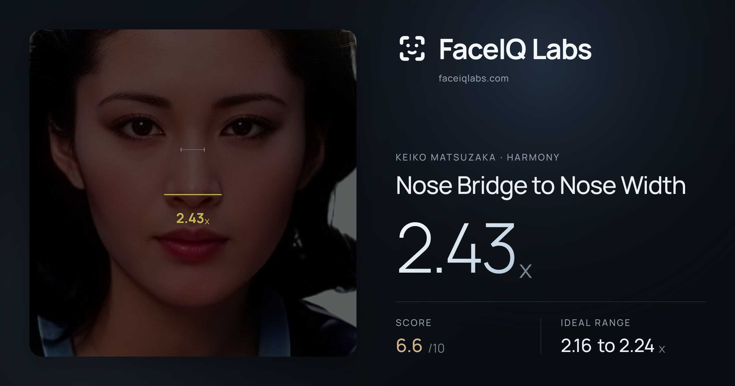 Keiko Matsuzaka Nose Bridge to Nose Width: 2.43x, drawn on the photo
