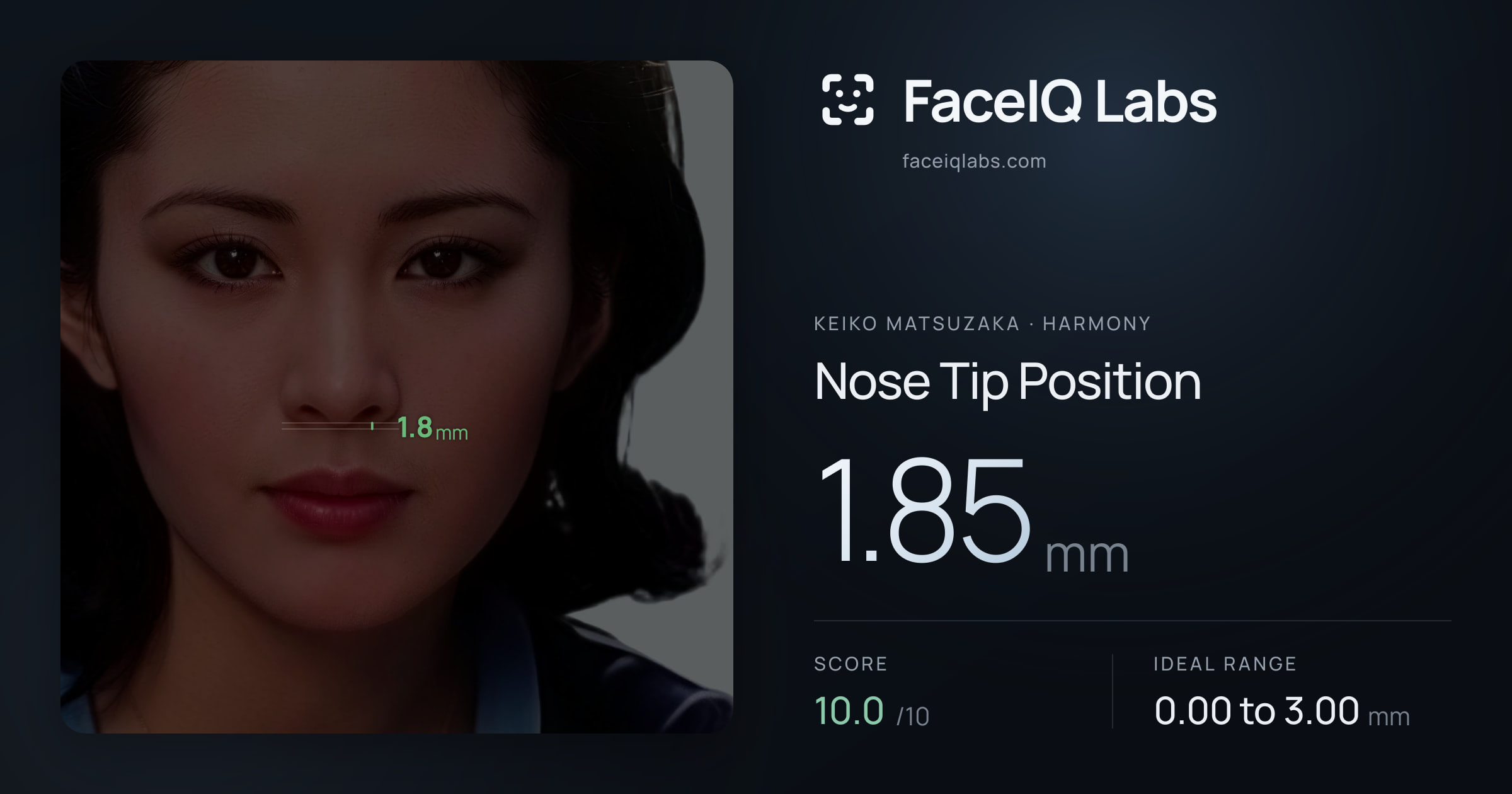 Keiko Matsuzaka Nose Tip Position: 1.85mm, drawn on the photo
