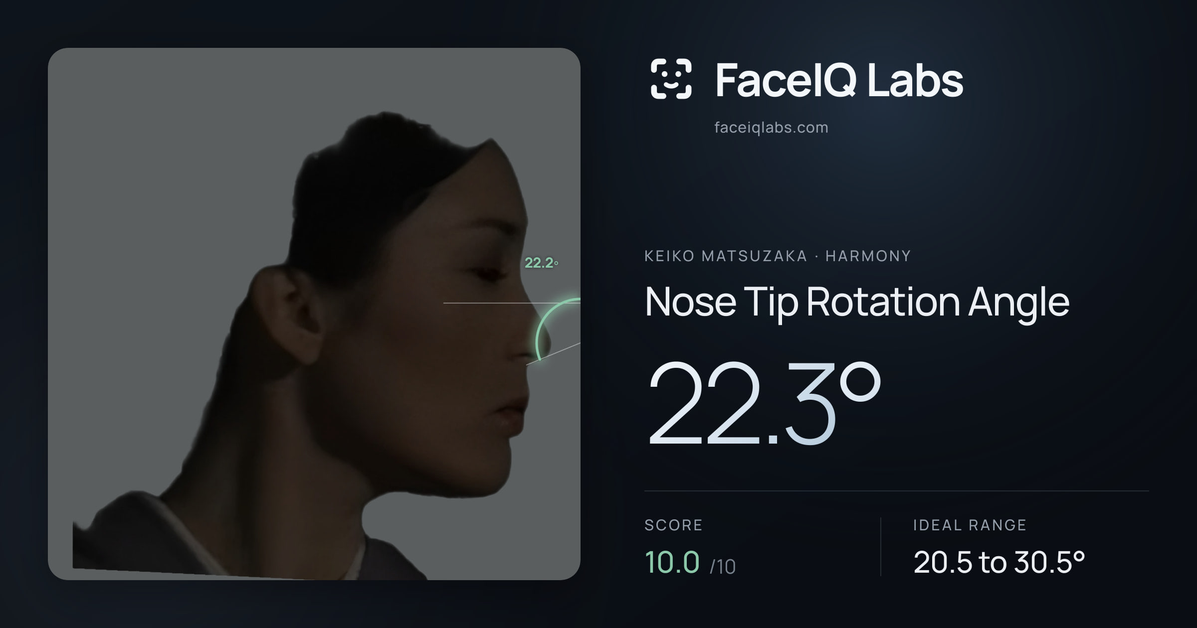 Keiko Matsuzaka Nose Tip Rotation Angle: 22.3°, drawn on the photo