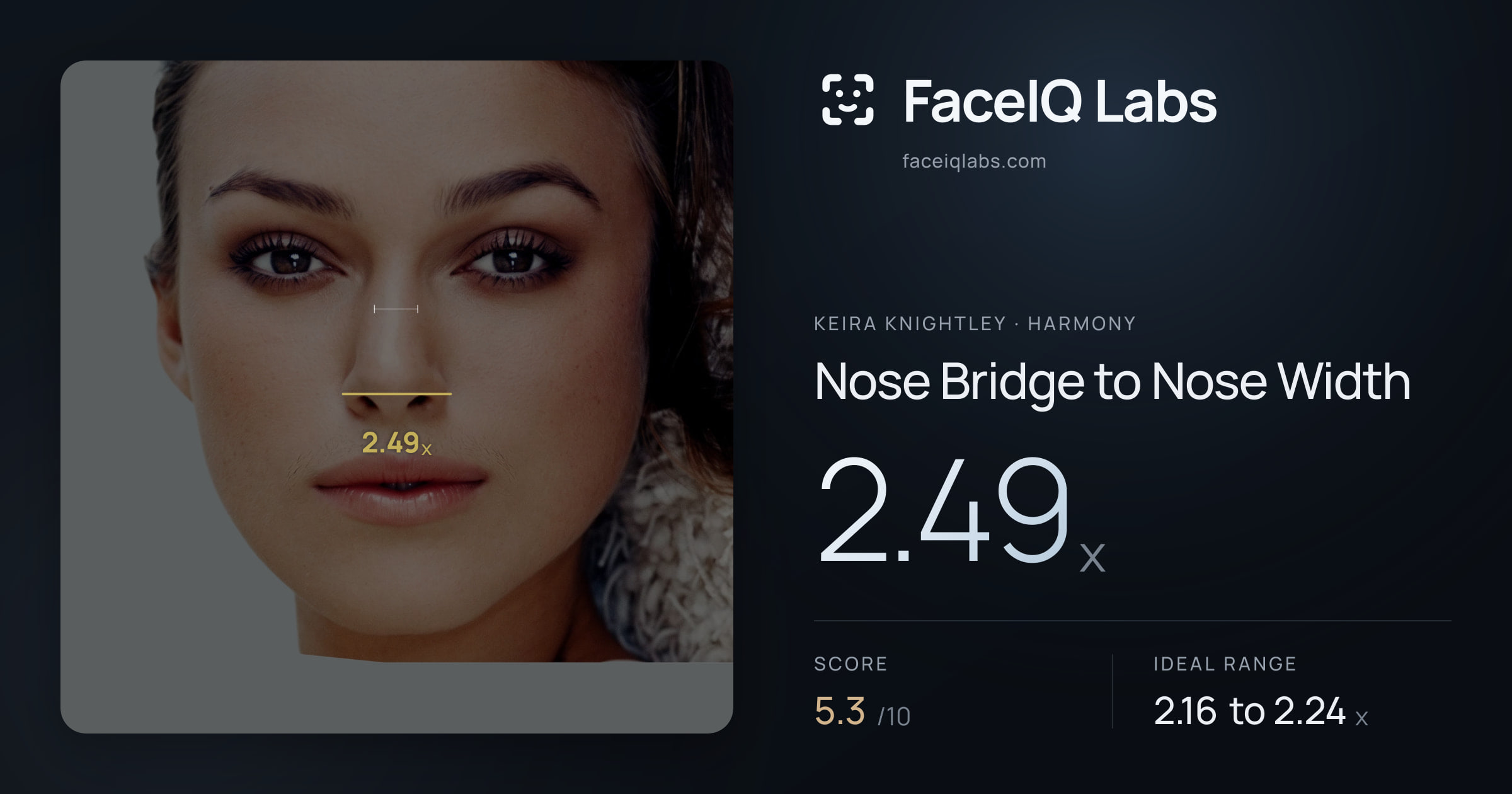 Keira Knightley Nose Bridge to Nose Width: 2.49x, drawn on the photo