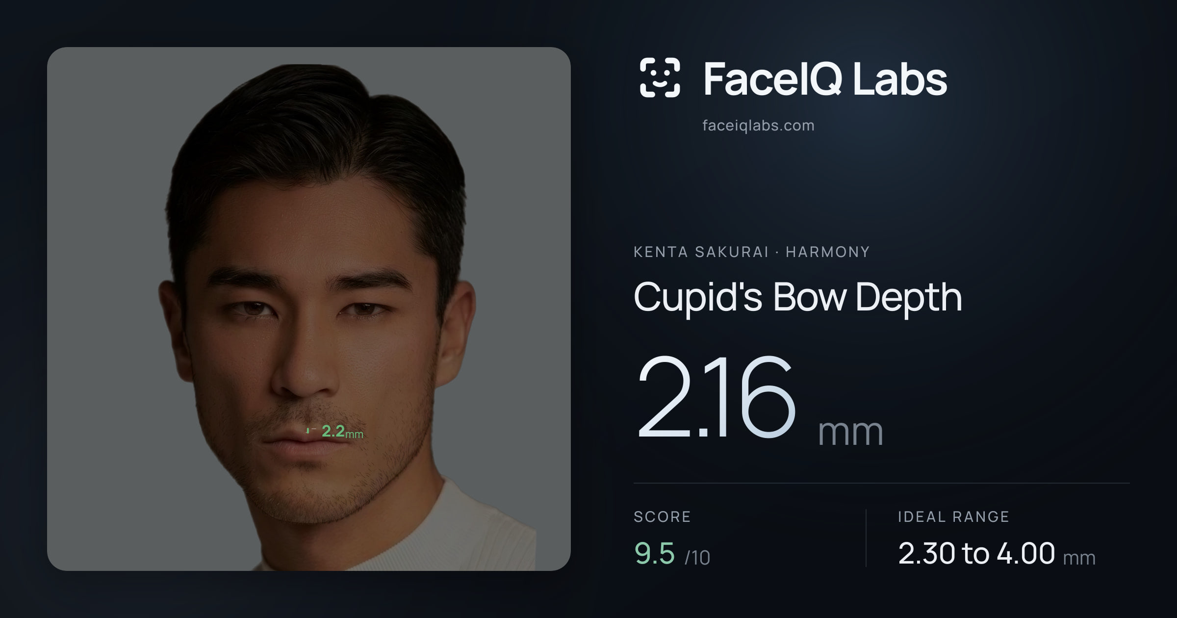 Kenta Sakurai Cupid's Bow Depth: 2.16mm, drawn on the photo