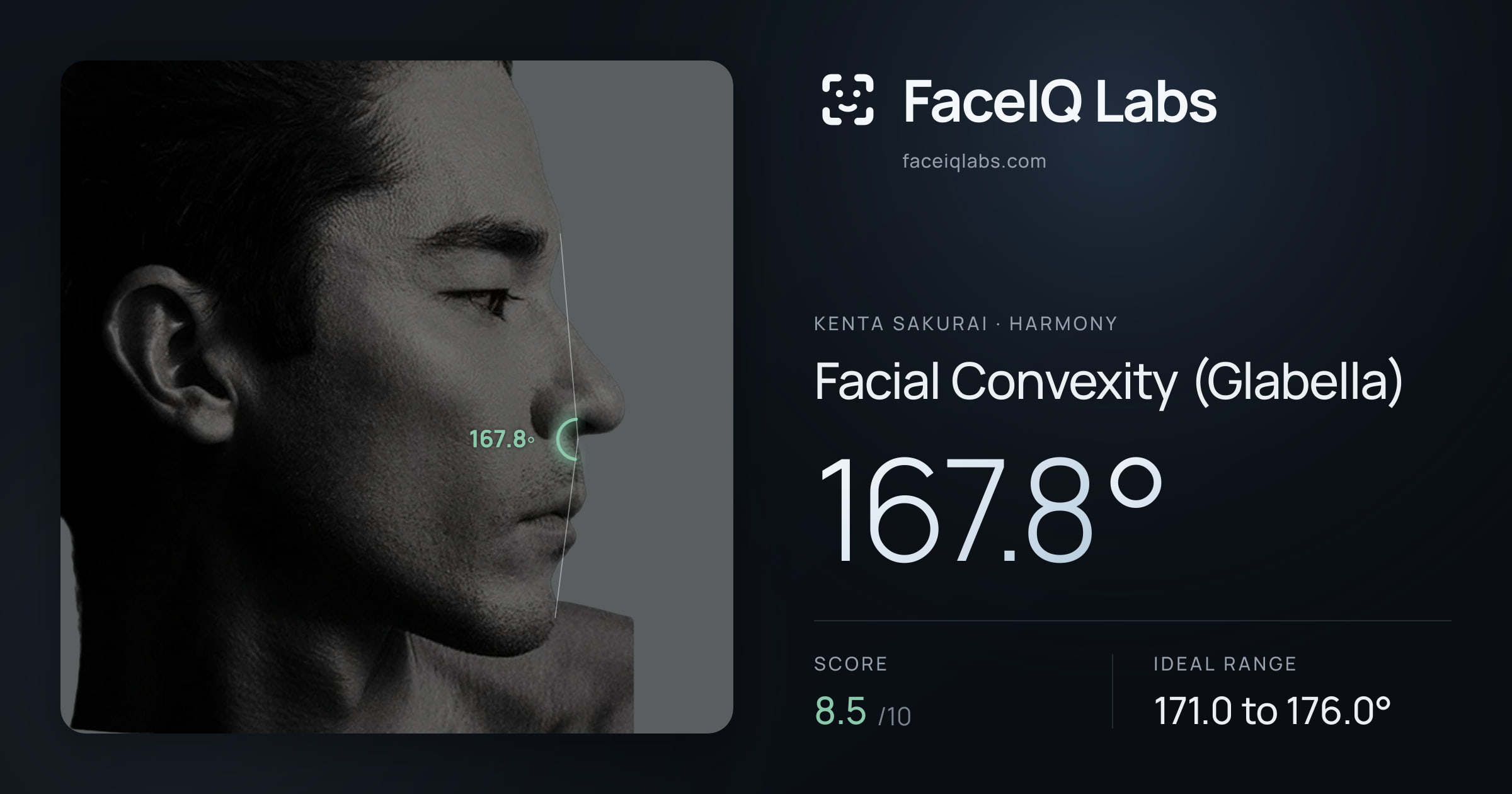Kenta Sakurai Facial Convexity (Glabella): 167.8°, drawn on the photo