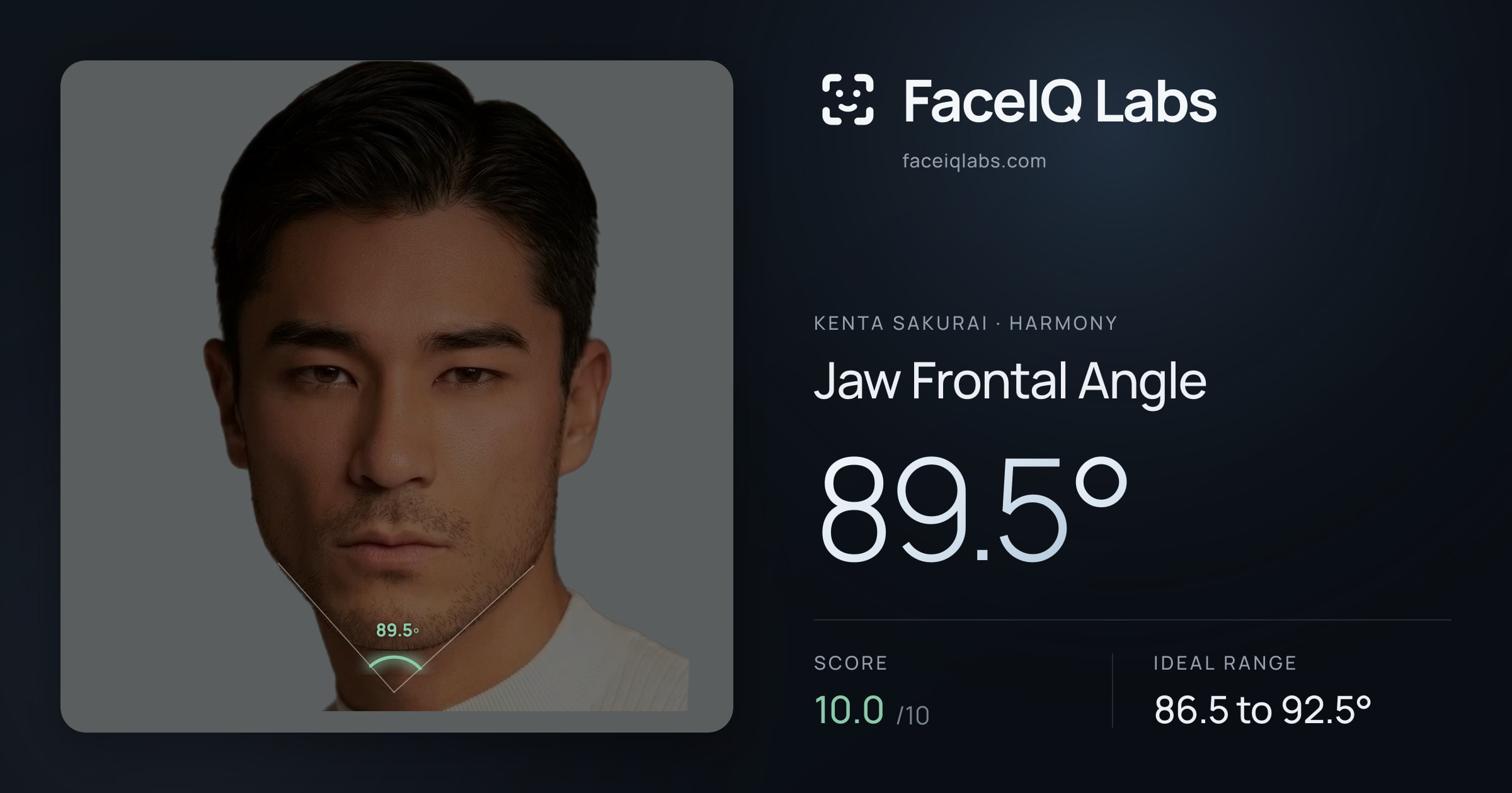 Kenta Sakurai Jaw Frontal Angle: 89.5°, drawn on the photo