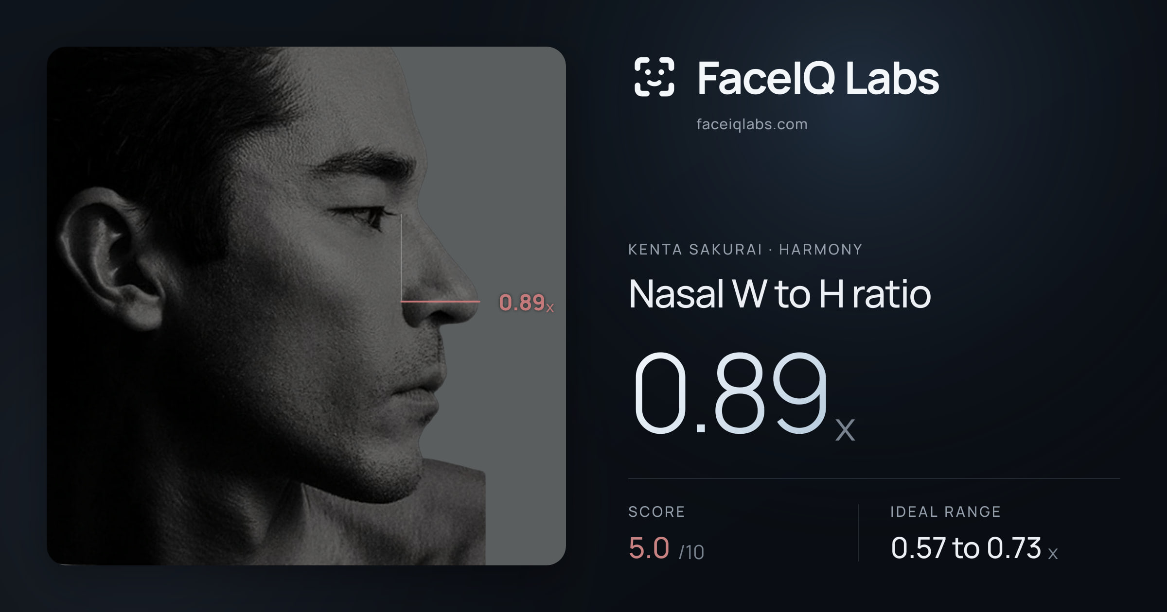 Kenta Sakurai Nasal W to H ratio: 0.89x, drawn on the photo