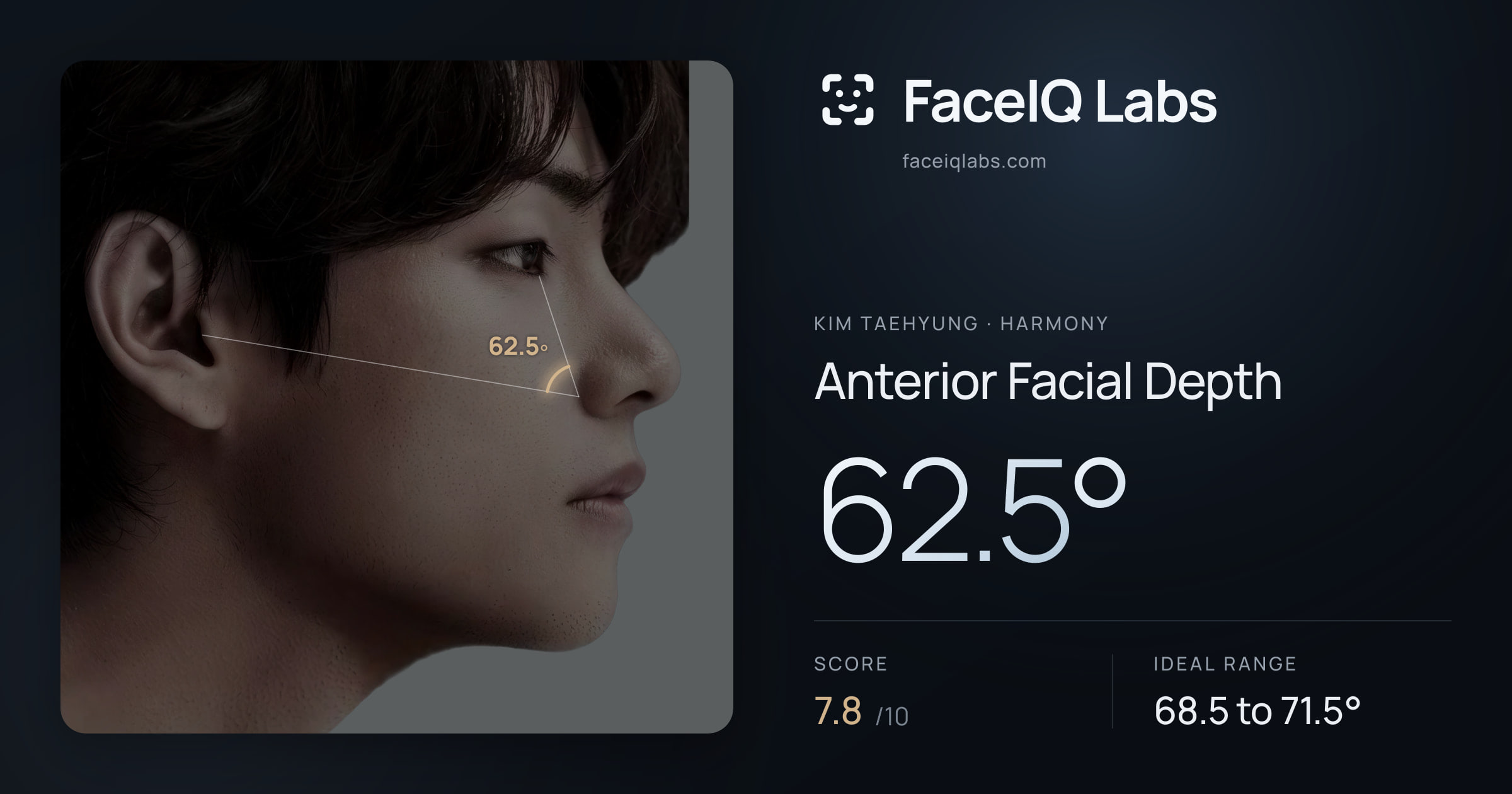 Kim Taehyung Anterior Facial Depth: 62.5°, drawn on the photo