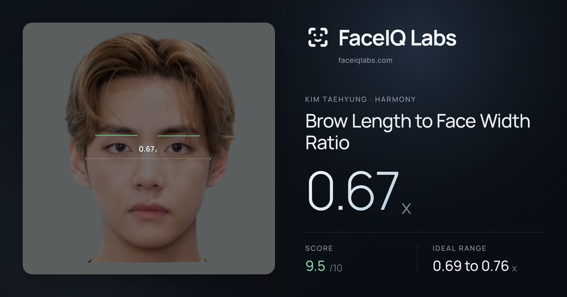 Kim Taehyung Brow Length to Face Width Ratio: 0.67x, drawn on the photo