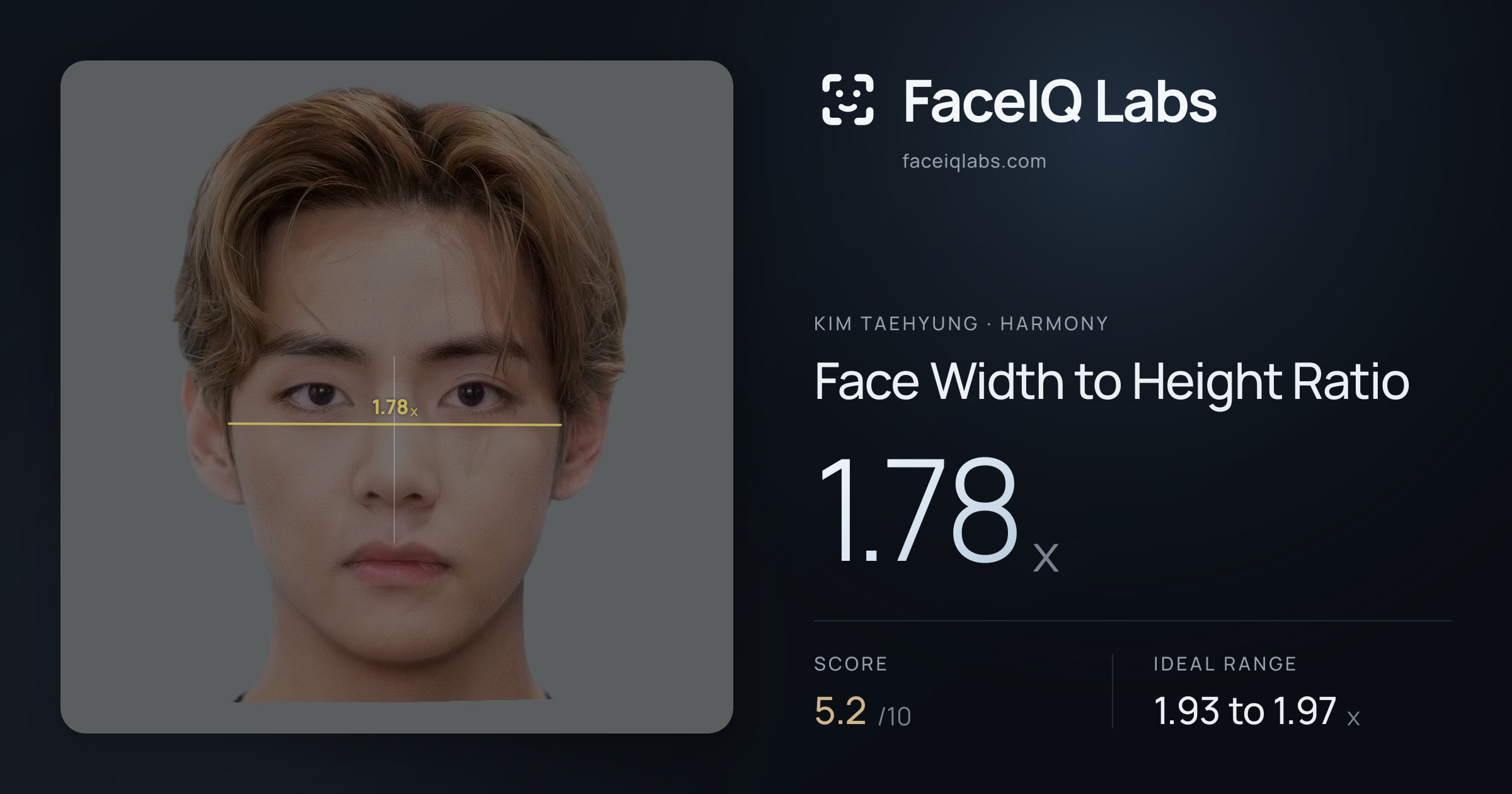 Kim Taehyung Face Width to Height Ratio: 1.78x, drawn on the photo