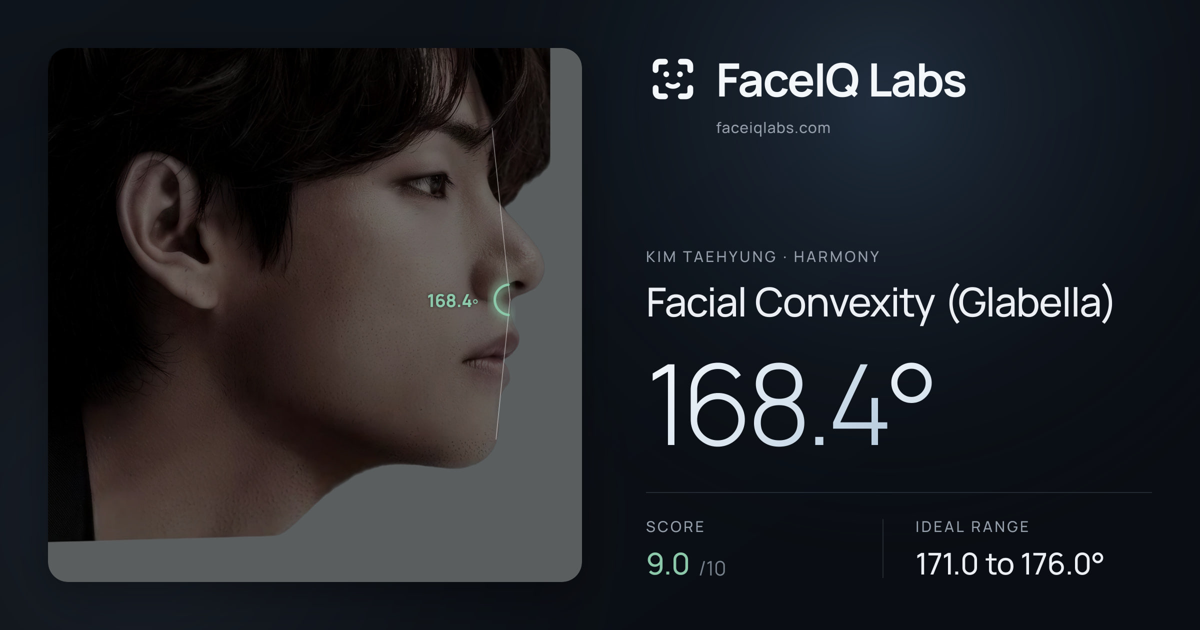 Kim Taehyung Facial Convexity (Glabella): 168.4°, drawn on the photo