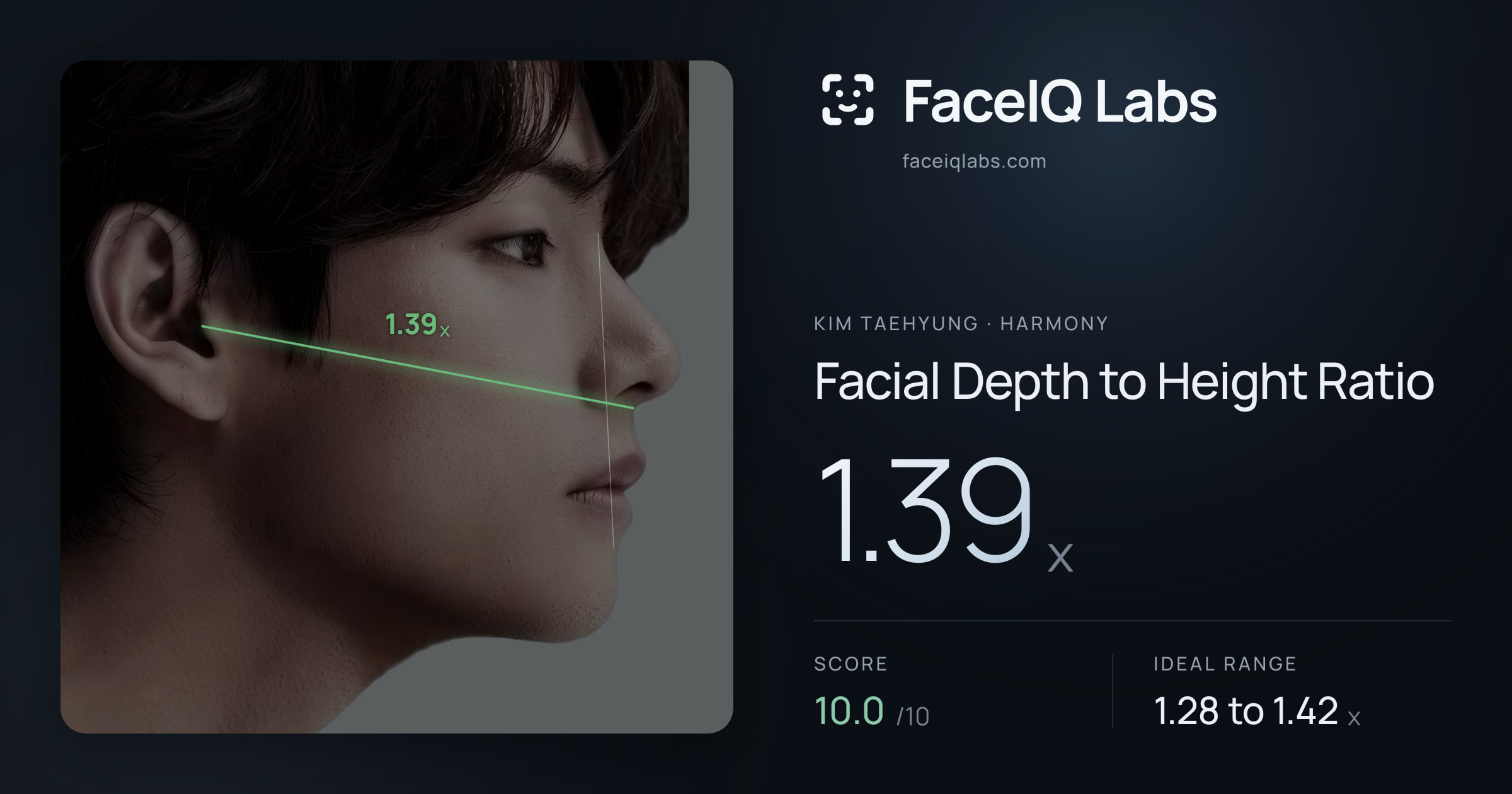 Kim Taehyung Facial Depth to Height Ratio: 1.39x, drawn on the photo