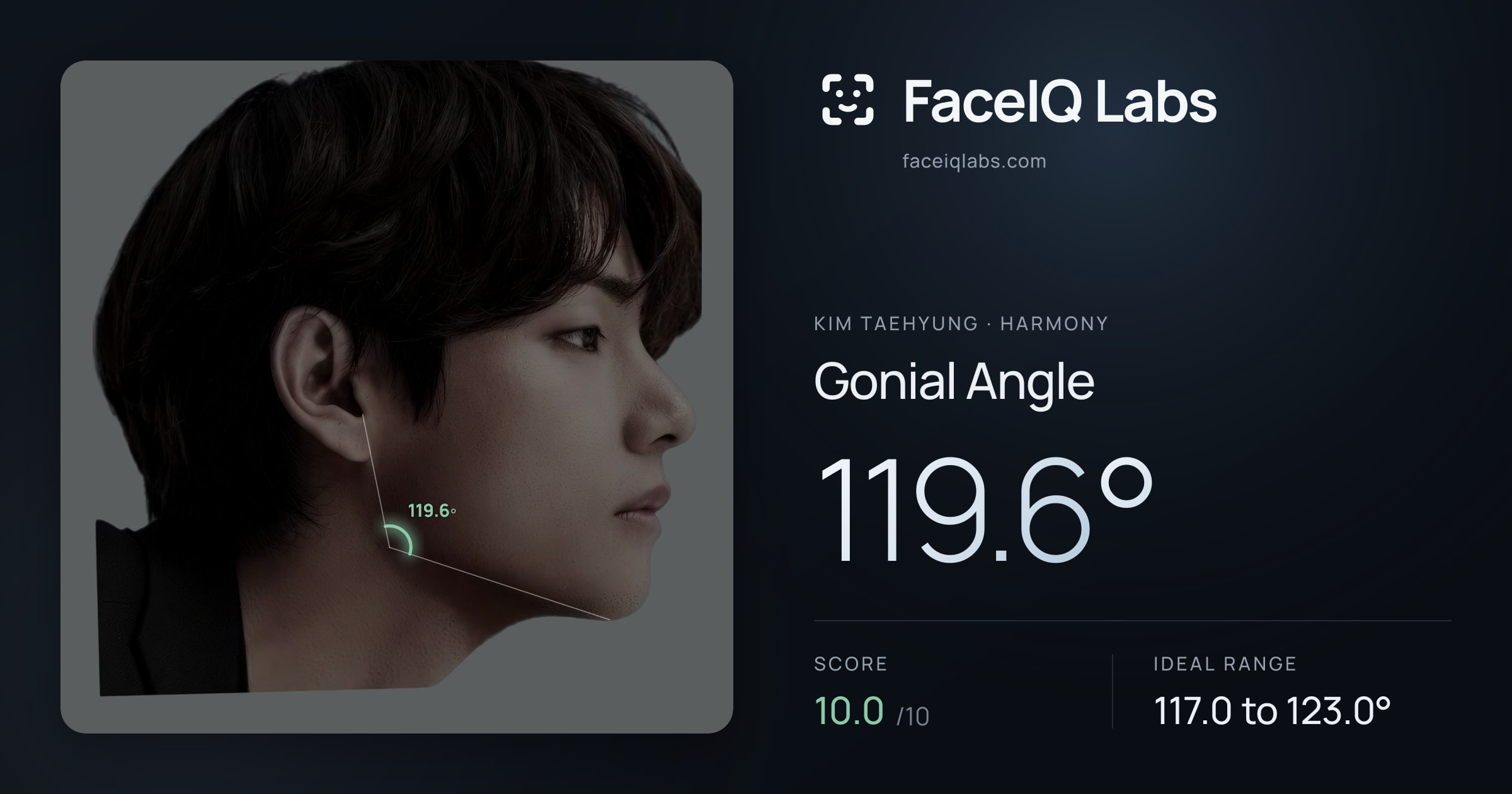 Kim Taehyung Gonial Angle: 119.6°, drawn on the photo
