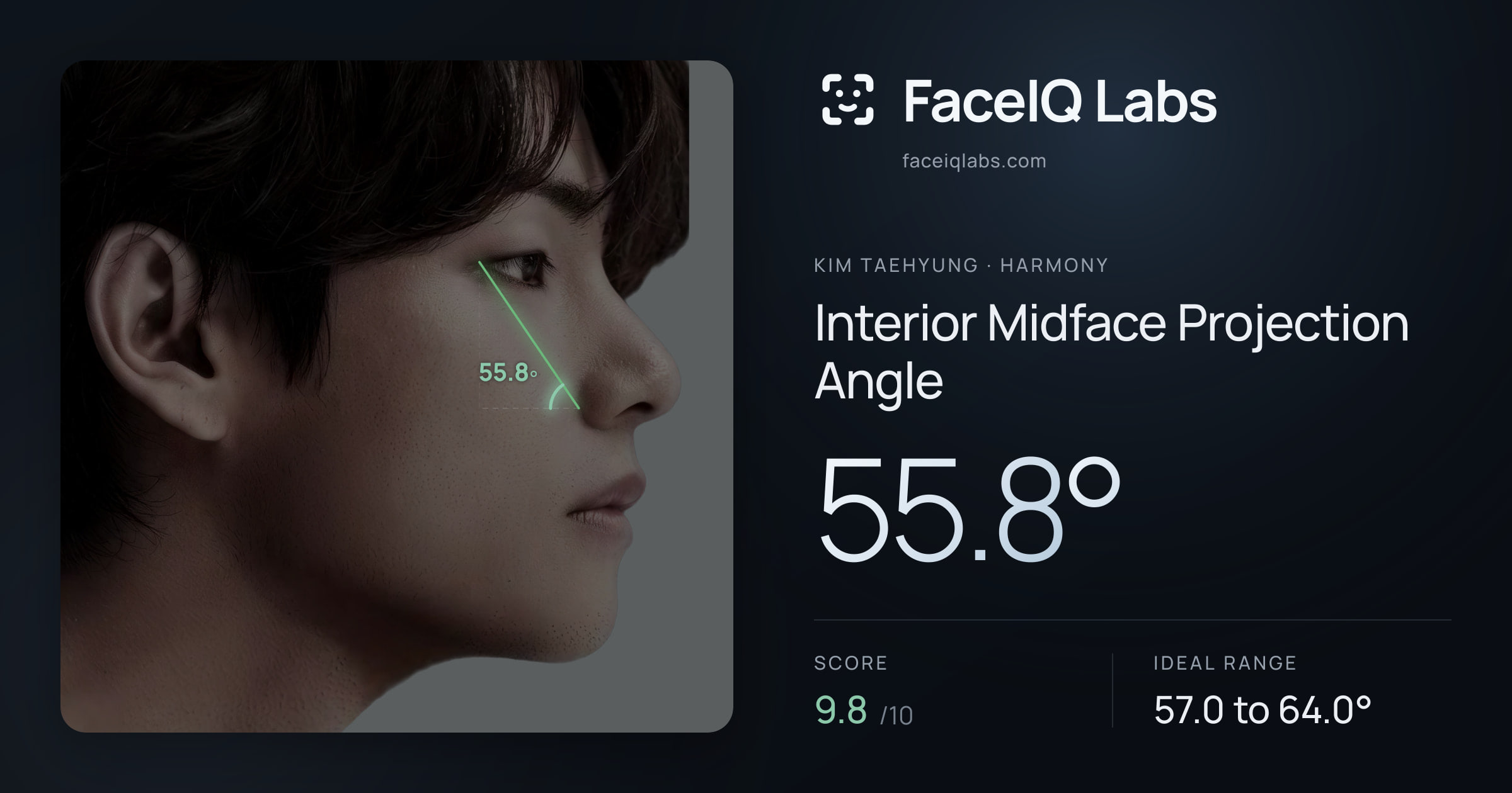 Kim Taehyung Interior Midface Projection Angle: 55.8°, drawn on the photo