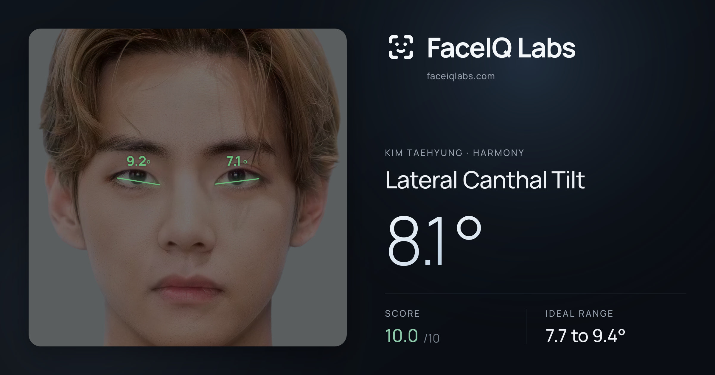 Kim Taehyung Lateral Canthal Tilt: 8.1°, drawn on the photo