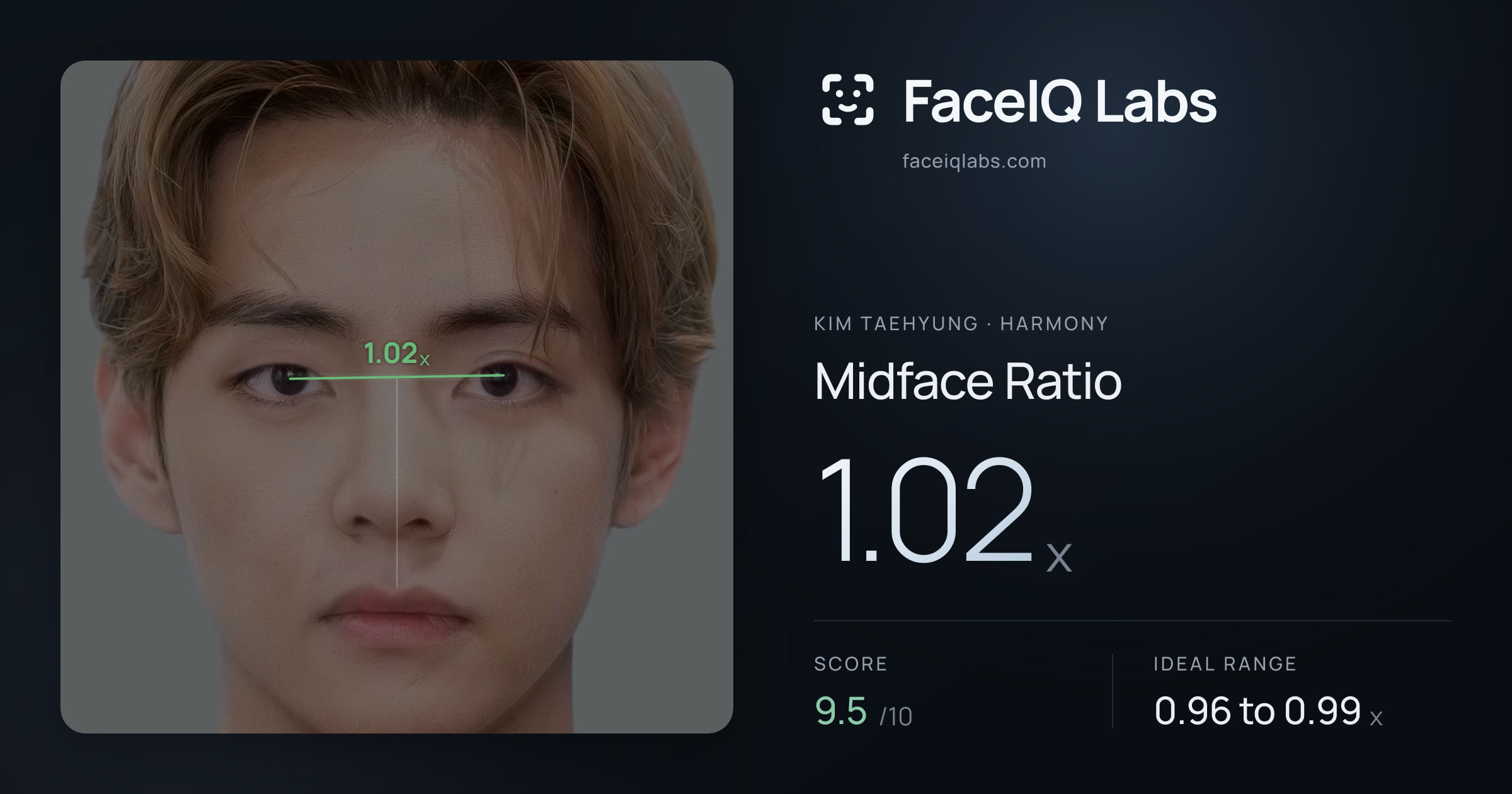 Kim Taehyung Midface Ratio: 1.02x, drawn on the photo