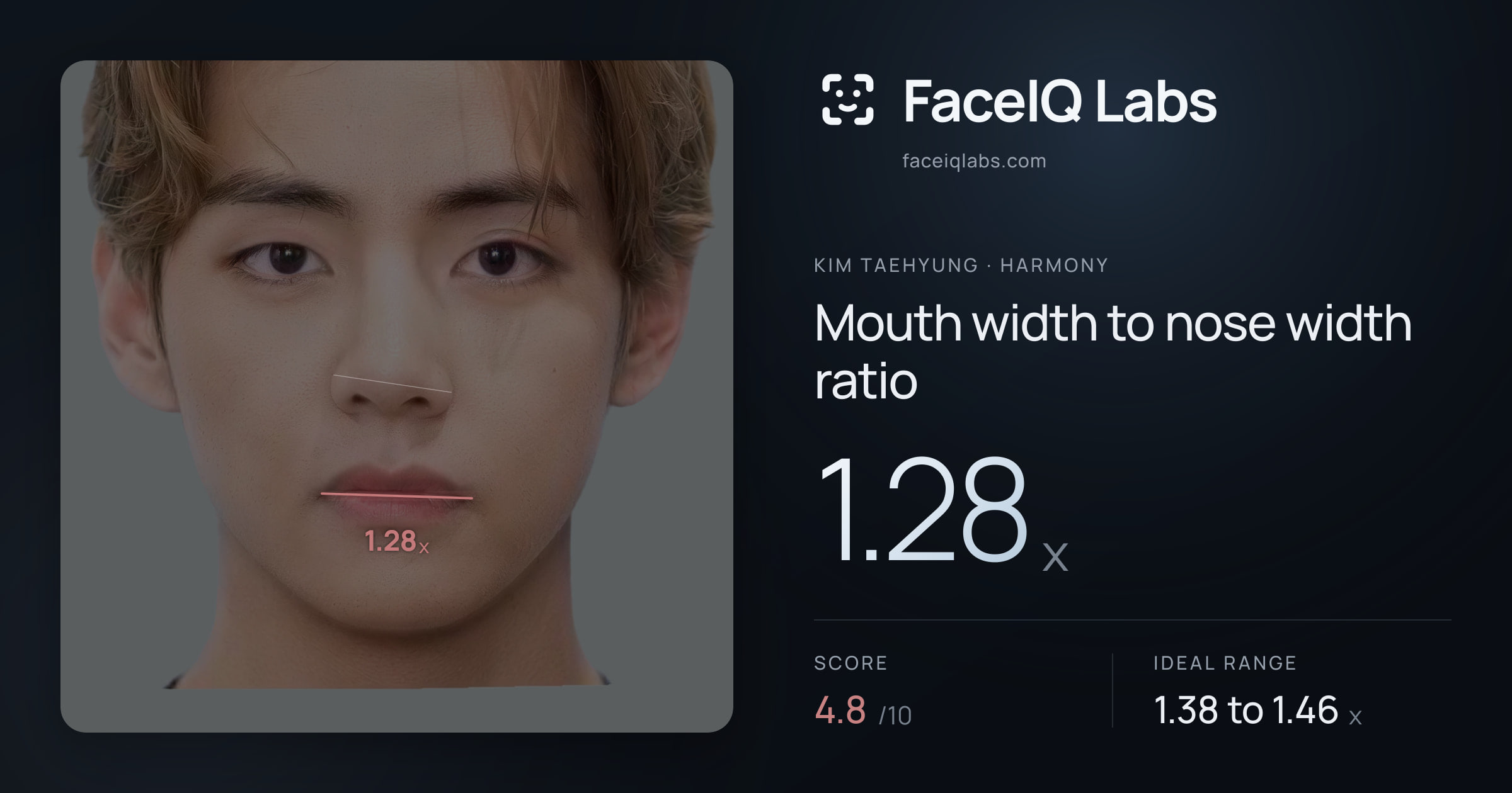 Kim Taehyung Mouth width to nose width ratio: 1.28x, drawn on the photo