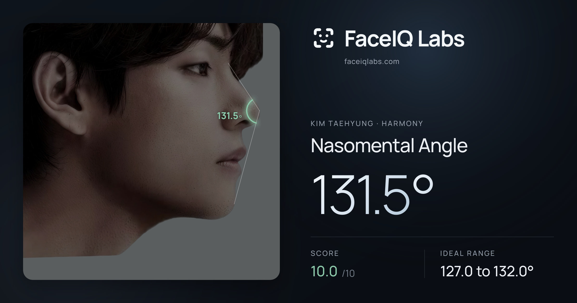 Kim Taehyung Nasomental Angle: 131.5°, drawn on the photo