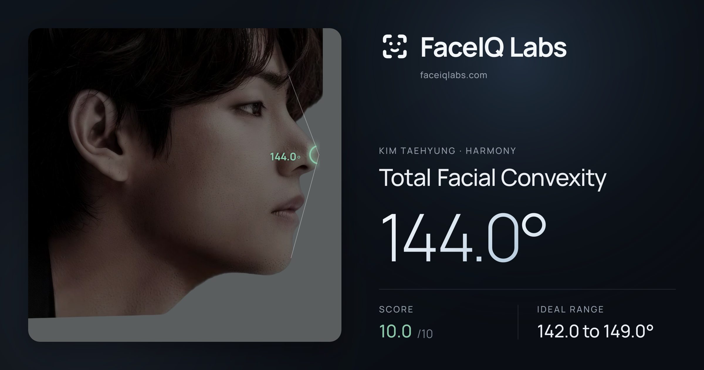Kim Taehyung Total Facial Convexity: 144.0°, drawn on the photo