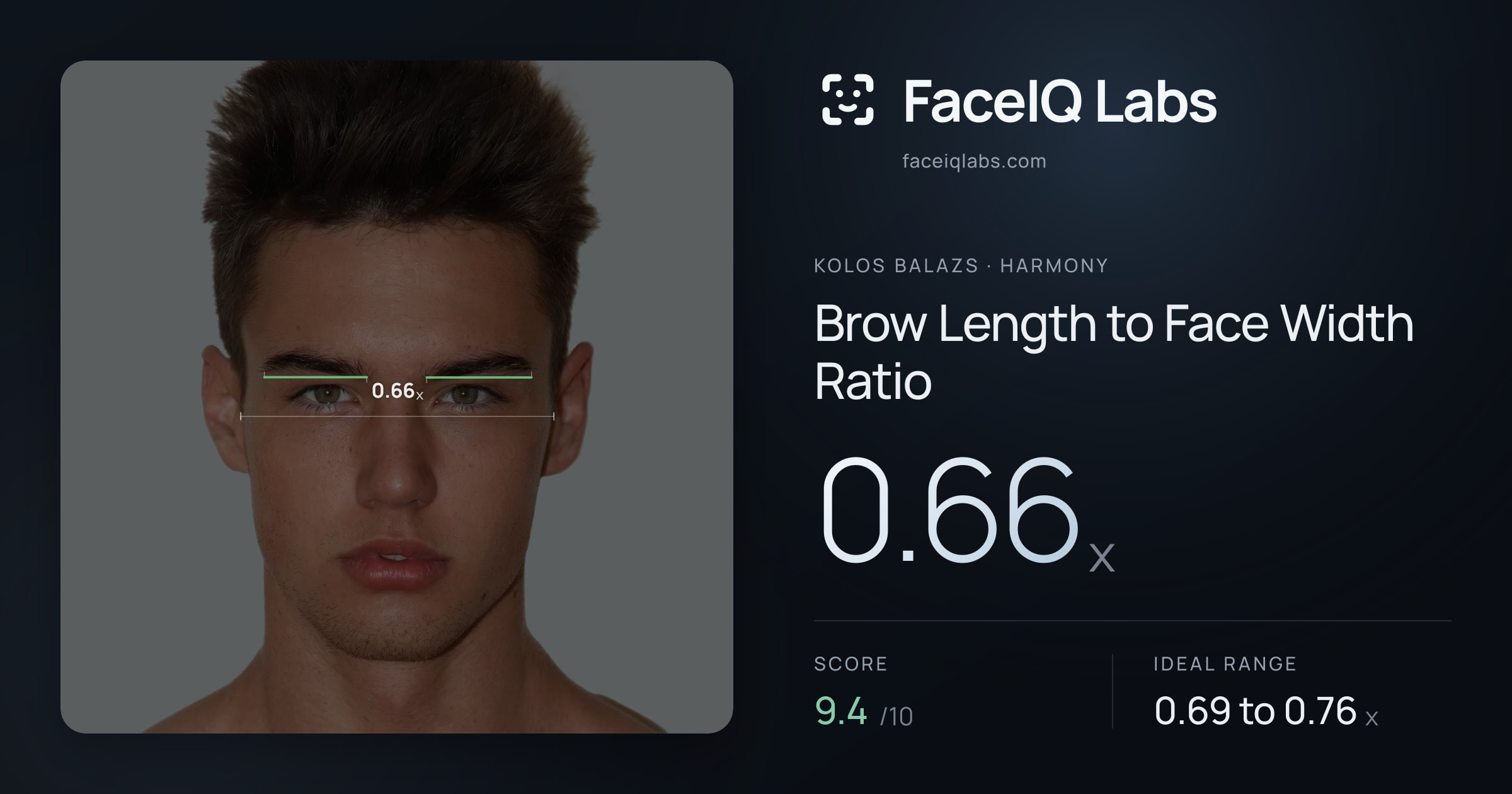 Kolos Balazs Brow Length to Face Width Ratio: 0.66x, drawn on the photo