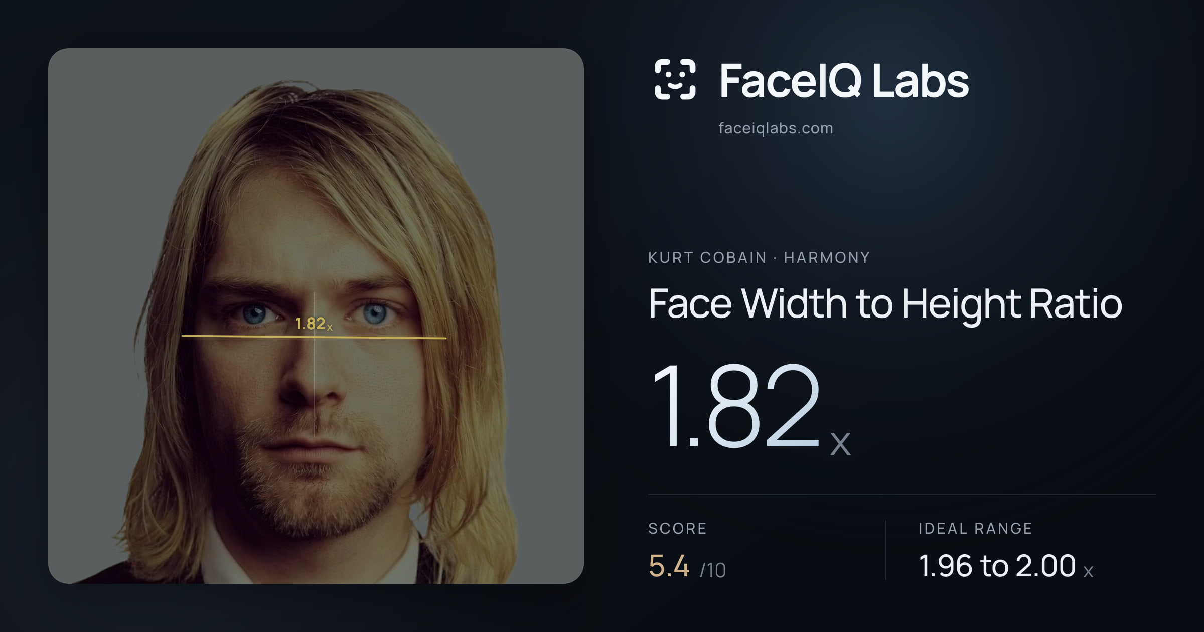Kurt Cobain Face Width to Height Ratio: 1.82x, drawn on the photo