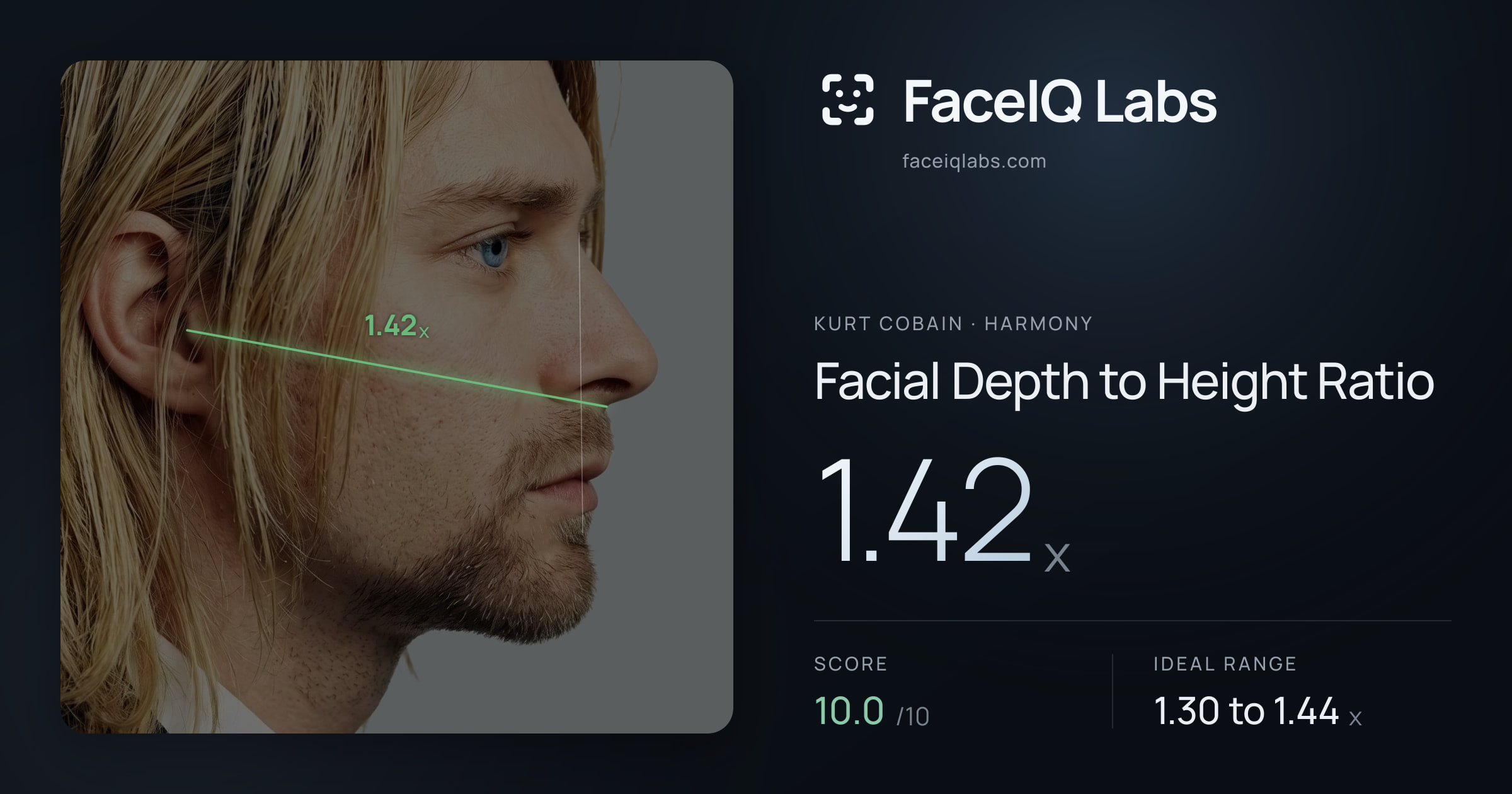 Kurt Cobain Facial Depth to Height Ratio: 1.42x, drawn on the photo