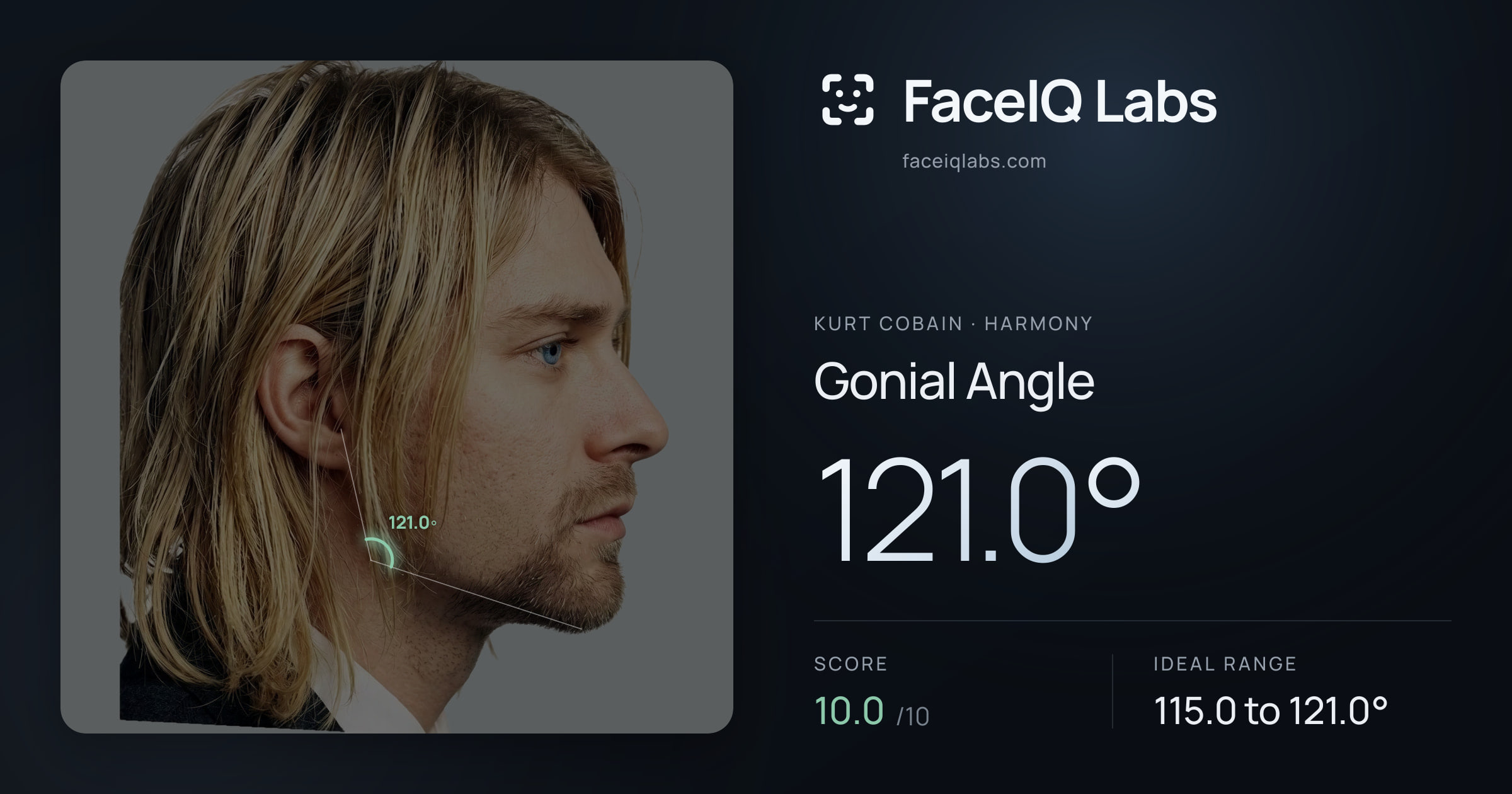 Kurt Cobain Gonial Angle: 121.0°, drawn on the photo