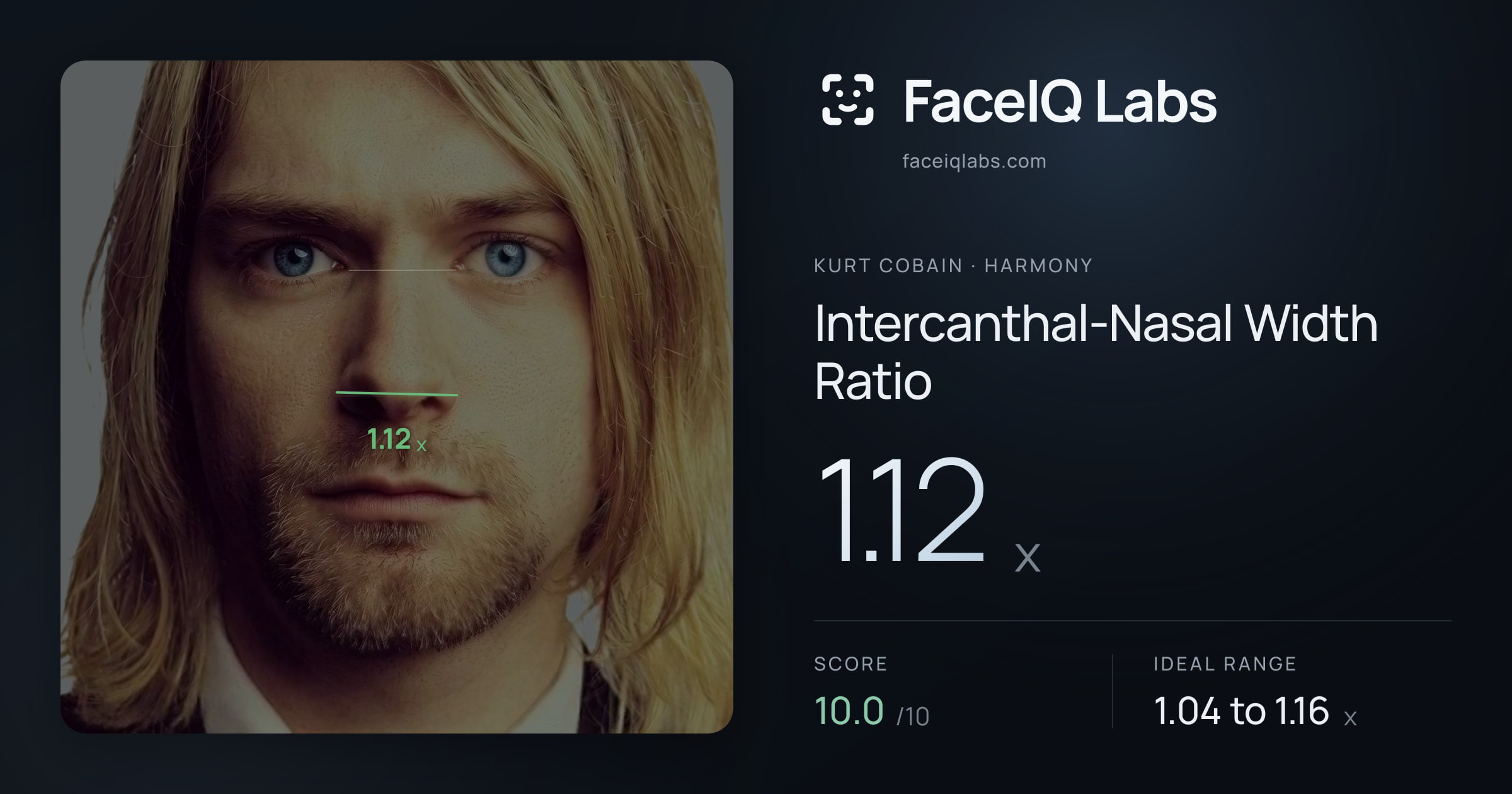 Kurt Cobain Intercanthal-Nasal Width Ratio: 1.12x, drawn on the photo