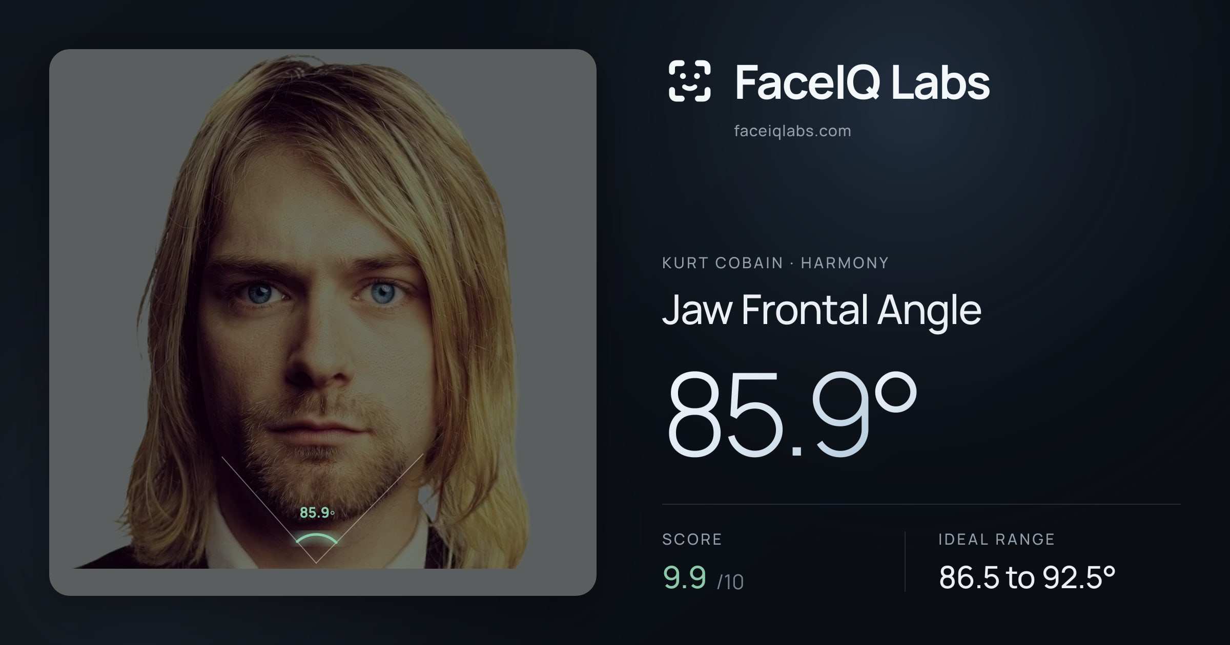 Kurt Cobain Jaw Frontal Angle: 85.9°, drawn on the photo