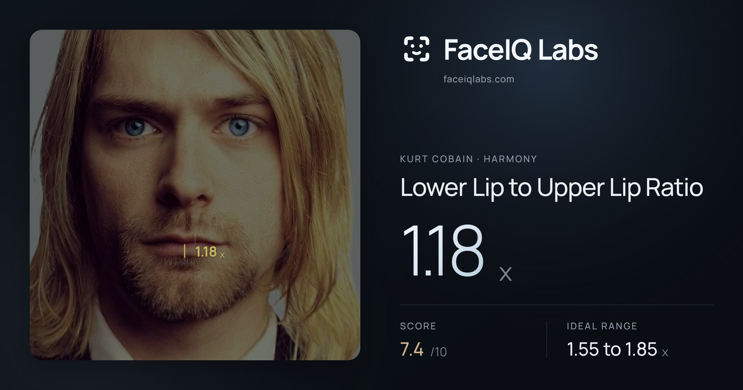 Kurt Cobain Lower Lip to Upper Lip Ratio: 1.18x, drawn on the photo