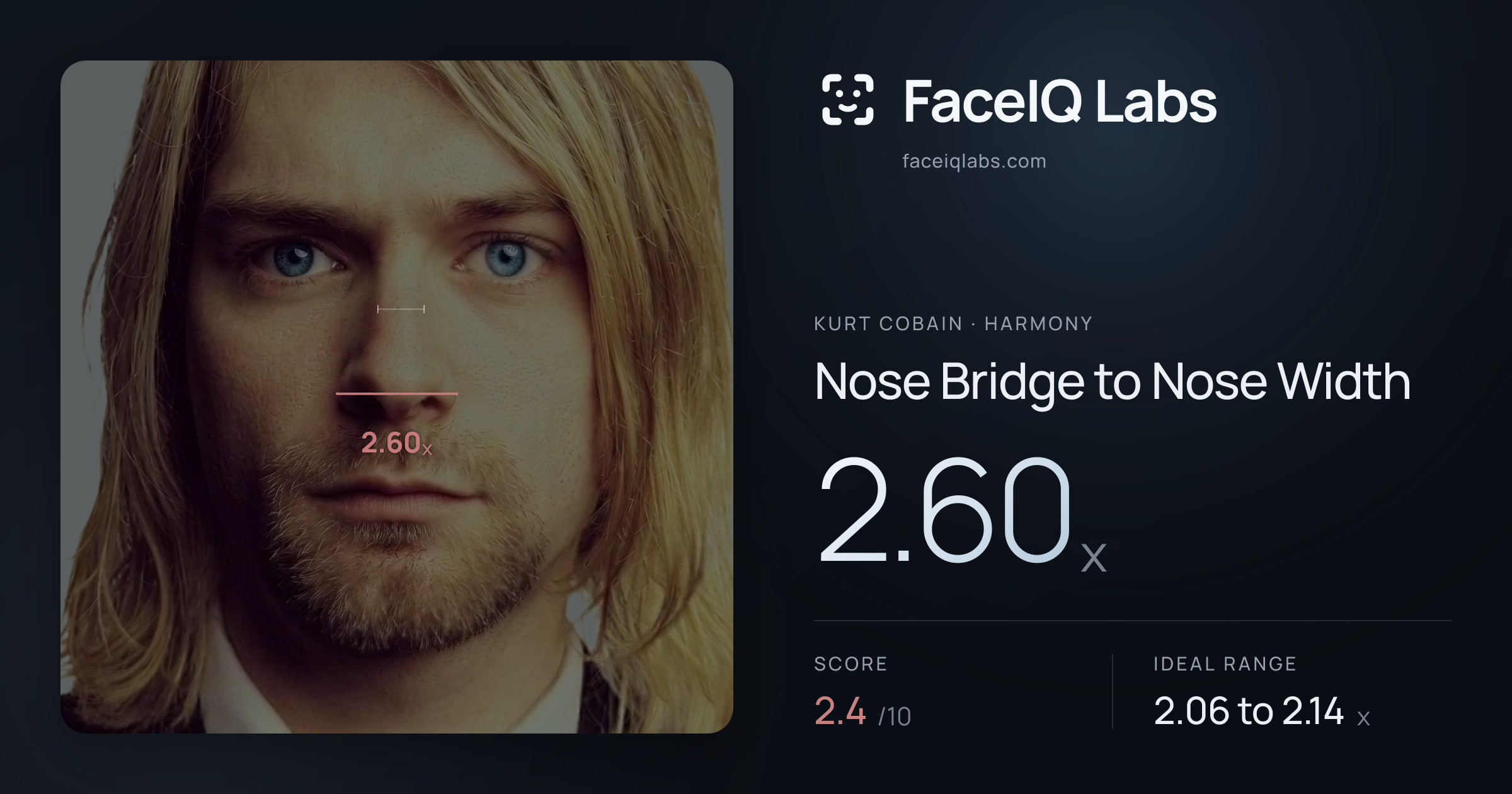 Kurt Cobain Nose Bridge to Nose Width: 2.60x, drawn on the photo
