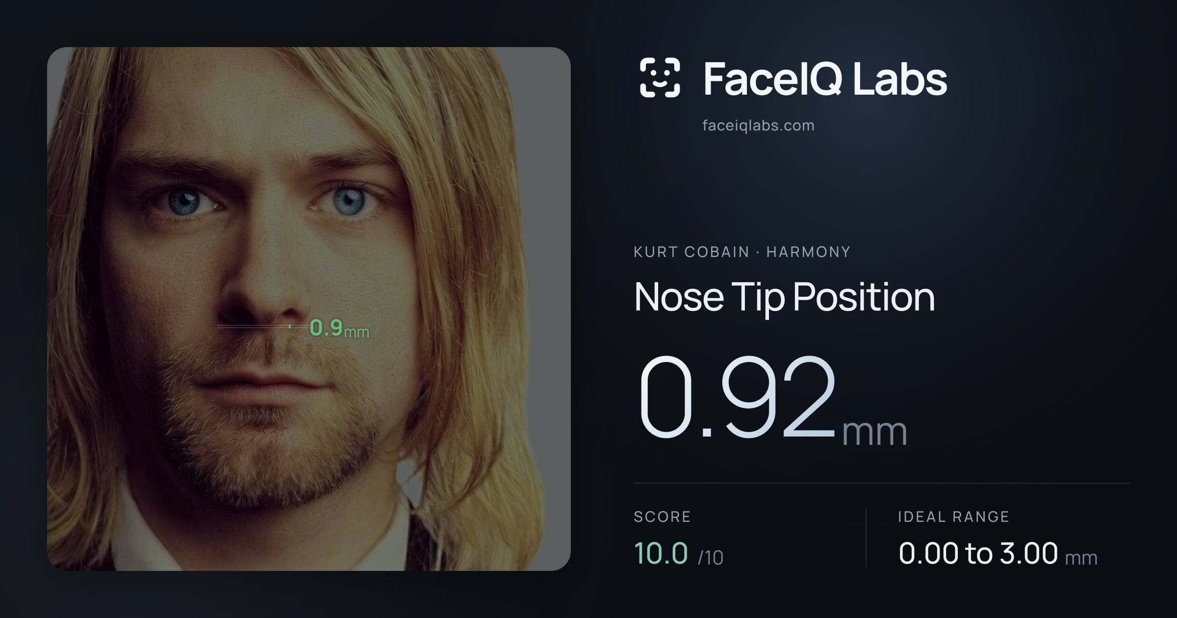 Kurt Cobain Nose Tip Position: 0.92mm, drawn on the photo