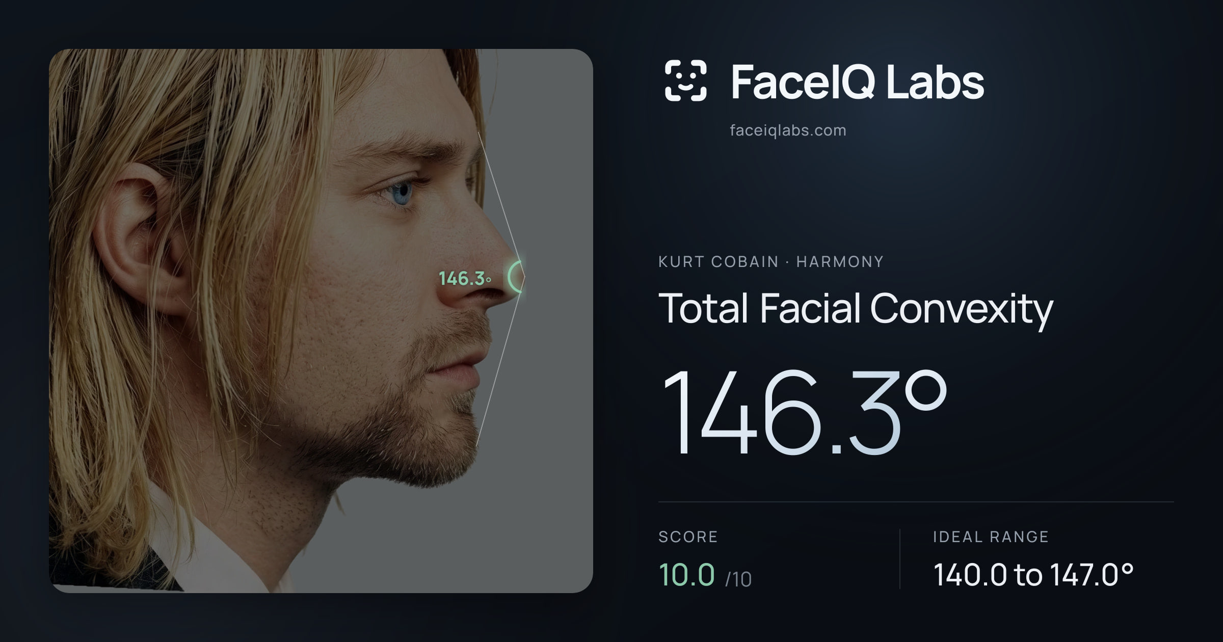 Kurt Cobain Total Facial Convexity: 146.3°, drawn on the photo