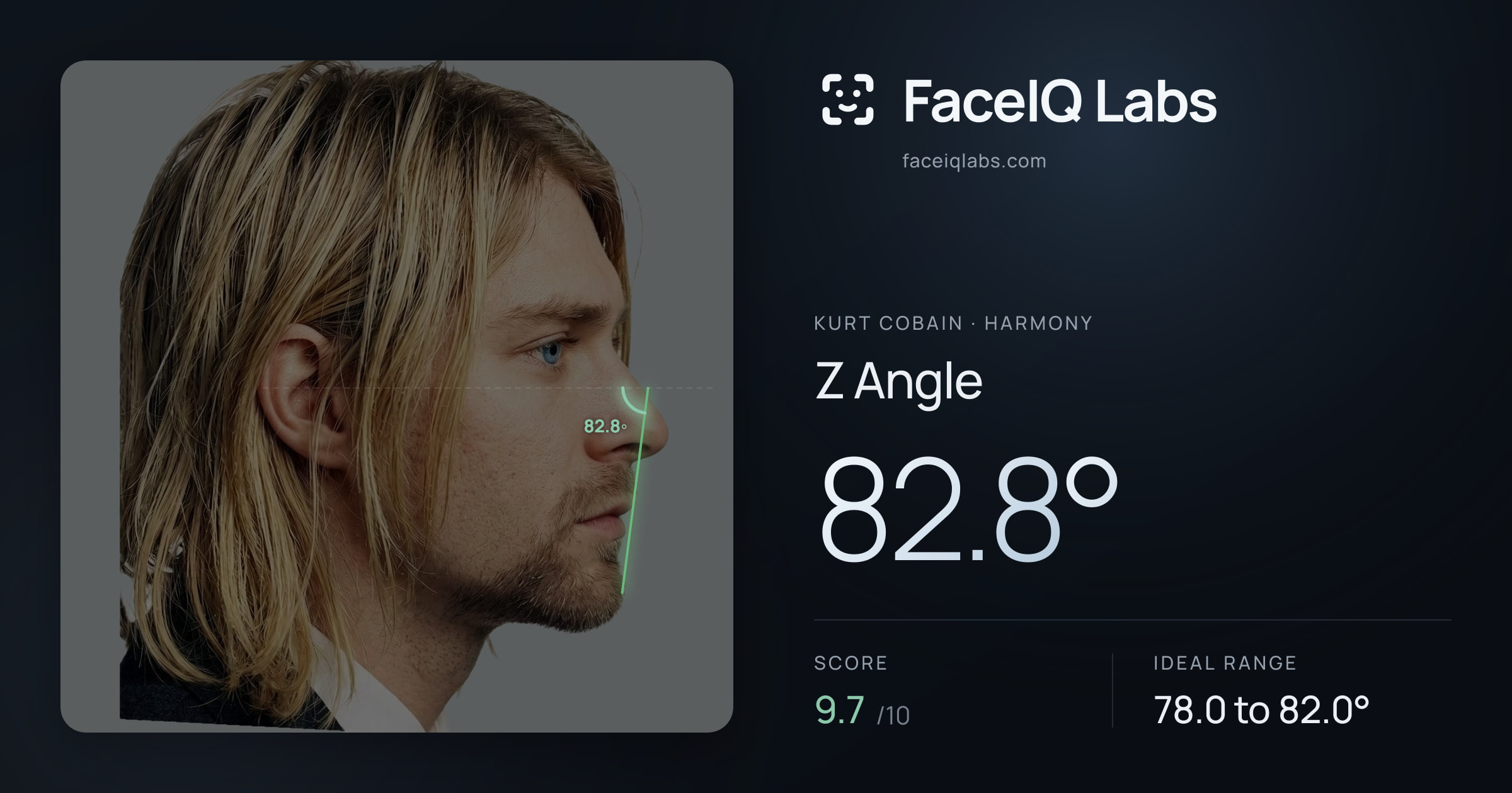 Kurt Cobain Z Angle: 82.8°, drawn on the photo