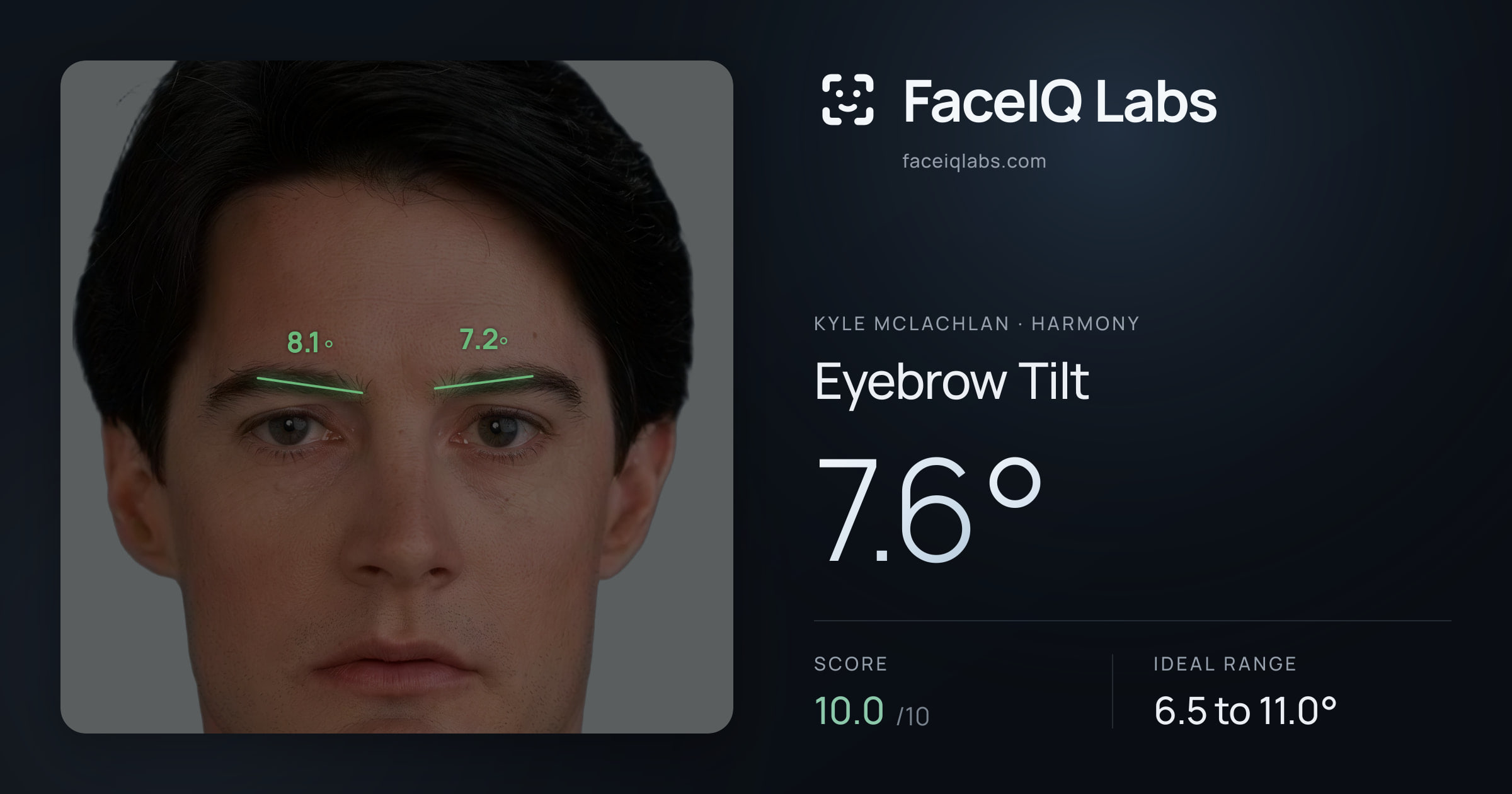 Kyle McLachlan Eyebrow Tilt: 7.6°, drawn on the photo