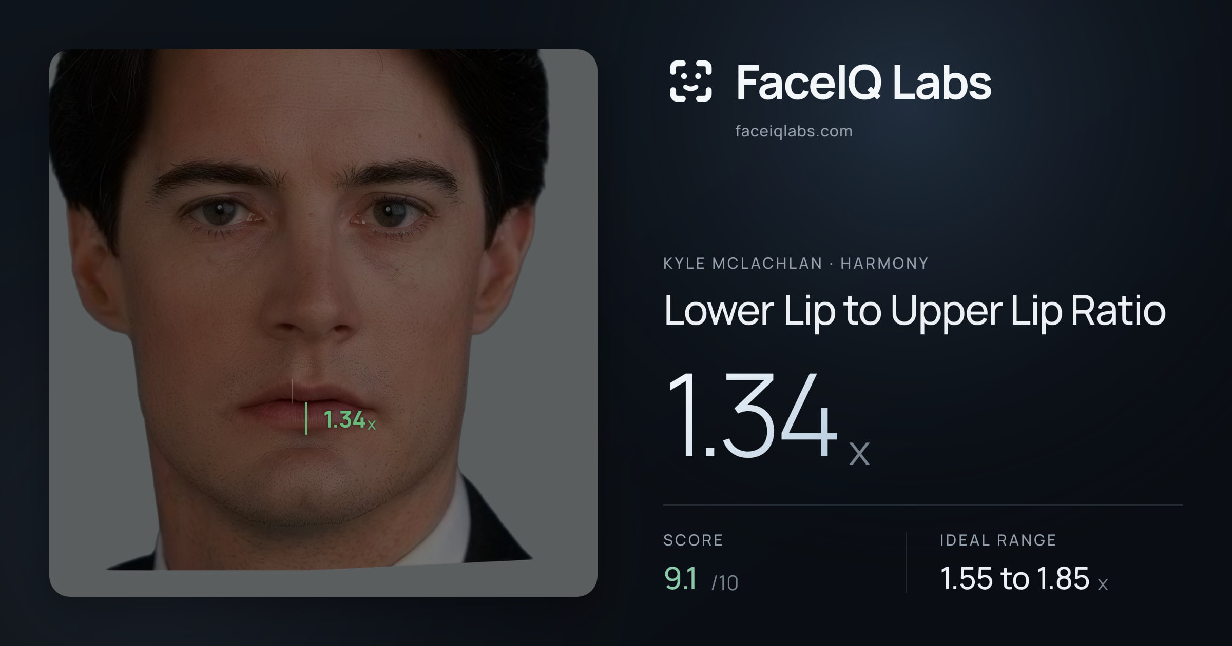 Kyle McLachlan Lower Lip to Upper Lip Ratio: 1.34x, drawn on the photo