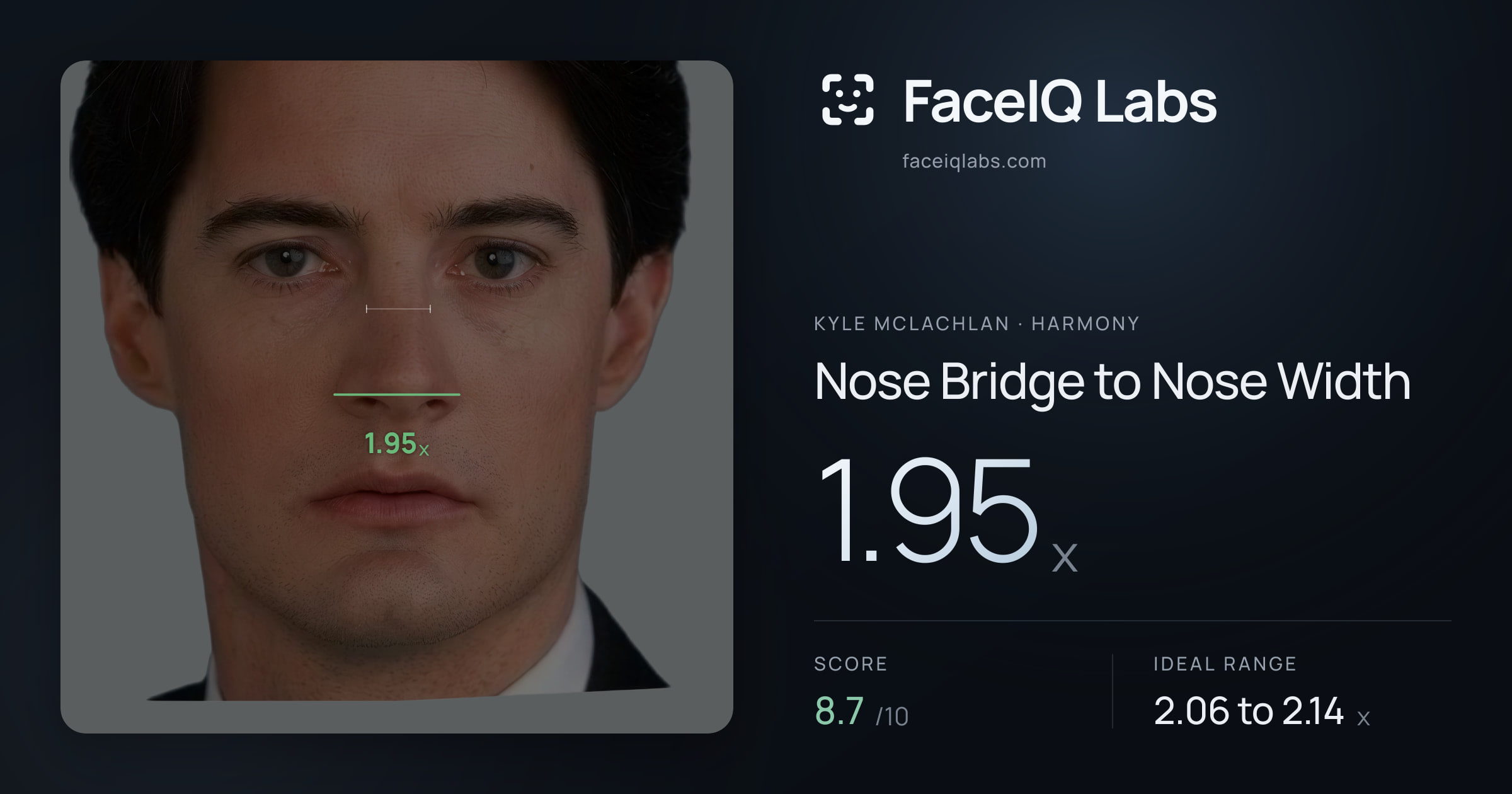 Kyle McLachlan Nose Bridge to Nose Width: 1.95x, drawn on the photo