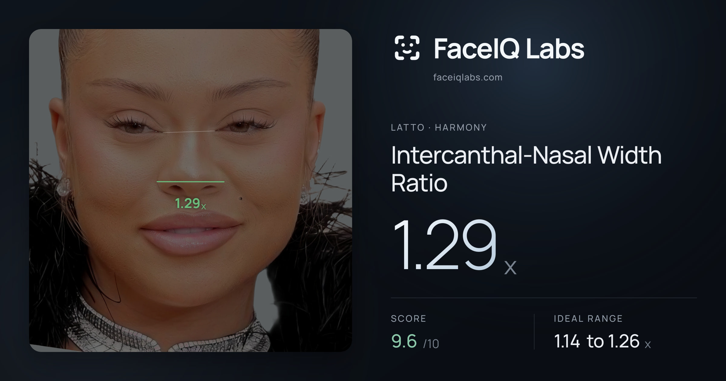 Latto Intercanthal-Nasal Width Ratio: 1.29x, drawn on the photo
